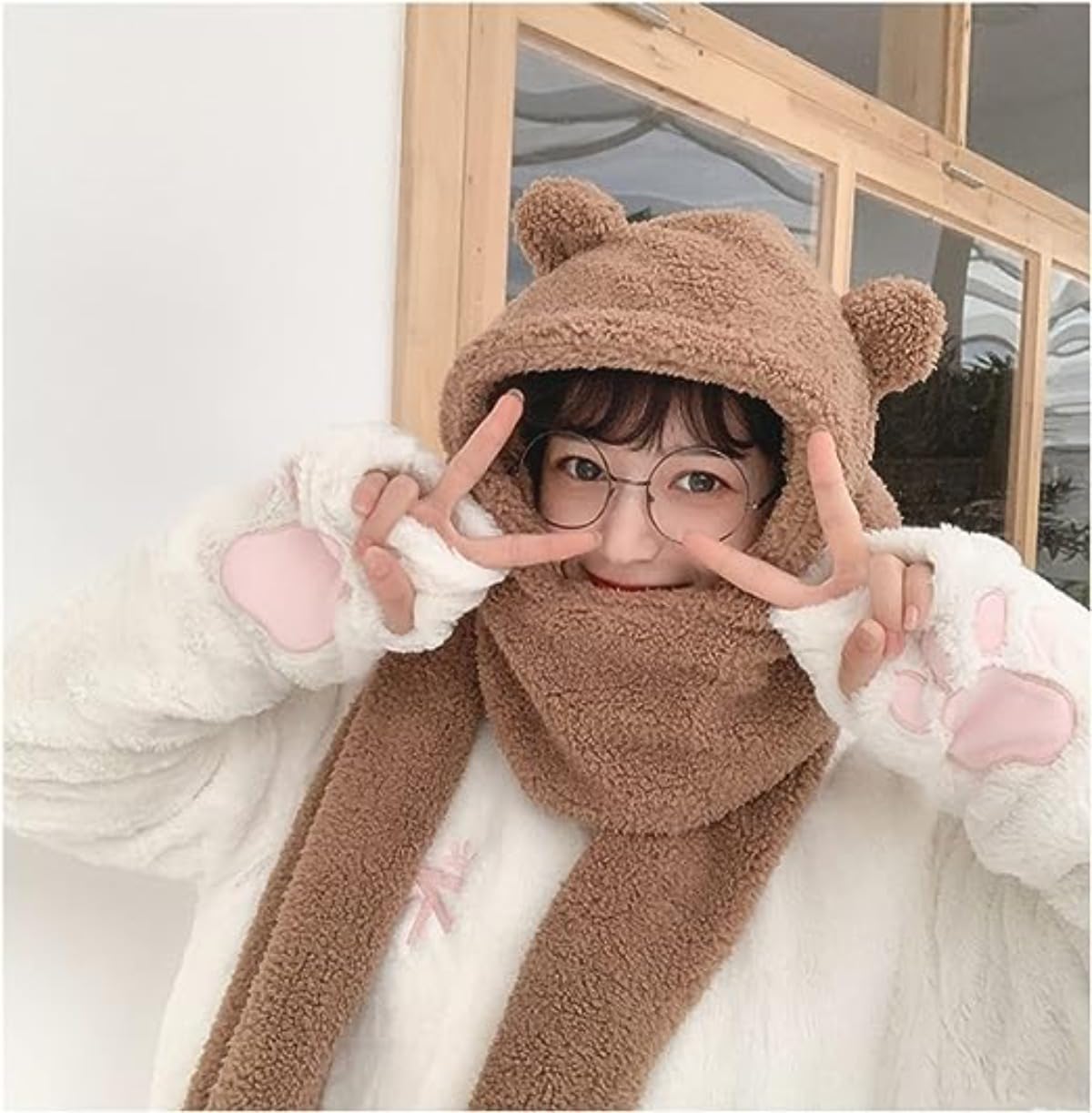 Women Kawaii Bear Ear Beanie Hat Scarf 2 in 1, Cute Winter Warm Sherpa Thicken Fleece Fuzzy Japanese Fluffy Knit Hat (Coffee)
