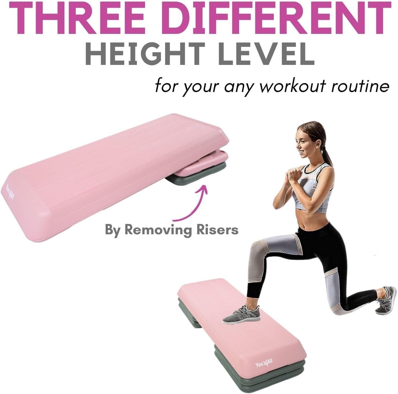 Yes4All Adjustable Workout Aerobic Exercise Step Platform Health Club Size with 4 Adjustable Risers Included and Extra Risers Options - Pink Grey