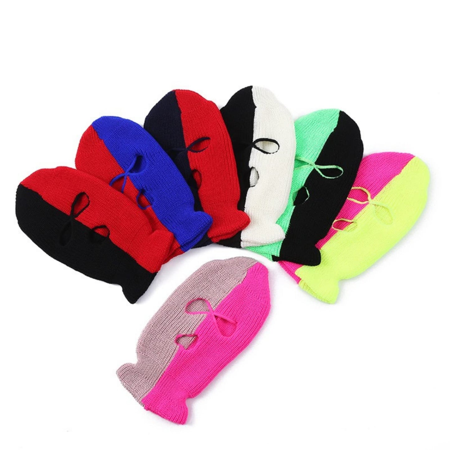aoozleny 3-Hole Two Color Knitted Hat Ski Mask Balaclava, Full Face Mask for Cycling/Skiing Winter Outdoor Sports (Pink+Rosered)