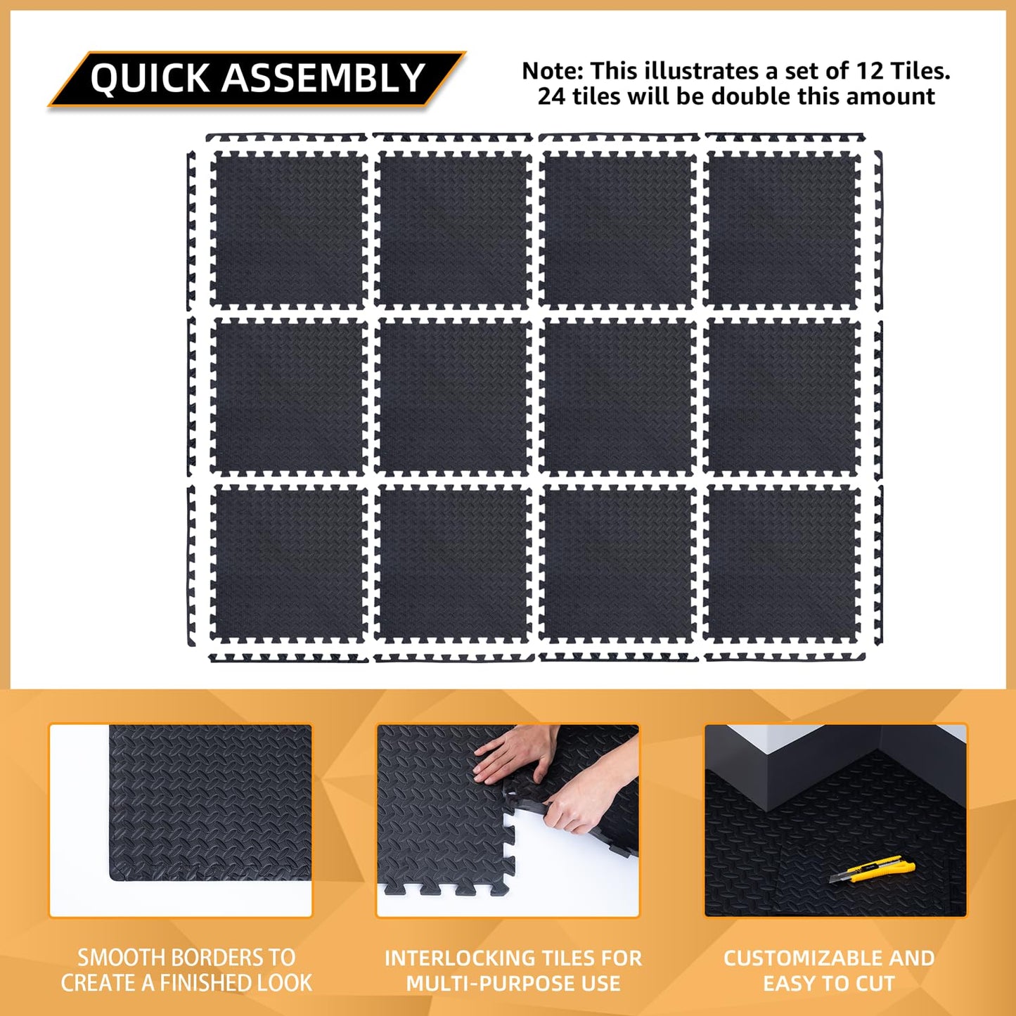 24 Pack, 96 SQFT 1/2" Extra Thick Floor Exercise Mat for Home Gym or Floor Padding for Kids - High-Density EVA Interlocking Foam Floor Tiles for Gym Equipment, Play Area - Yoga, Cardio, Weights, MMA