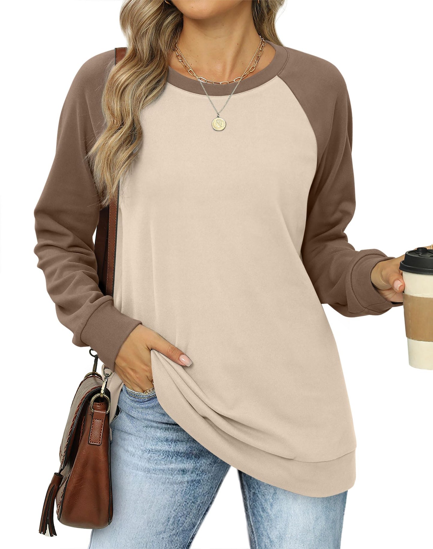 OFEEFAN Long Sleeve Shirts for Women Crewneck Sweatshirts Warm Winter Clothes Soft Khaki L