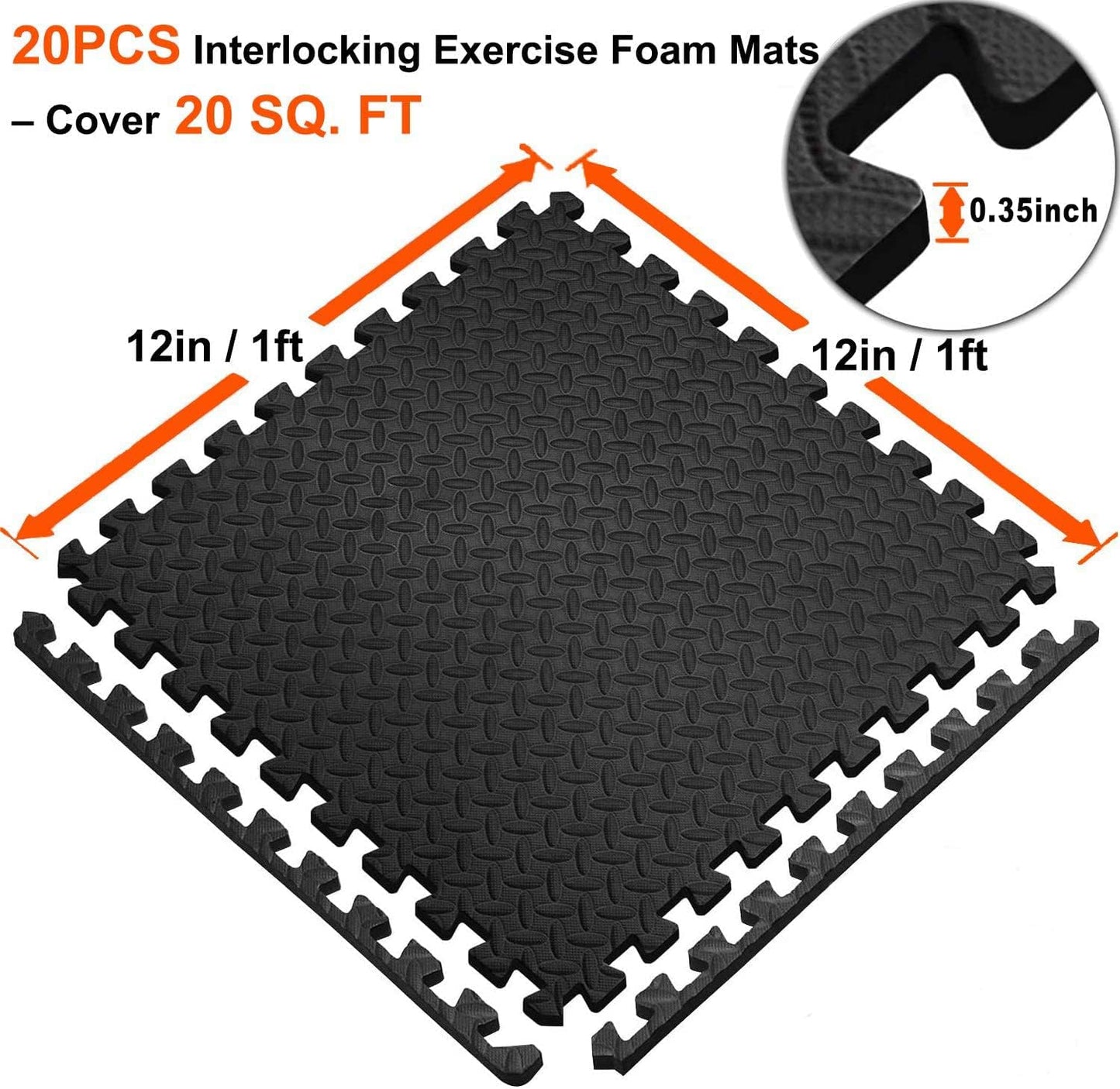 Walsai Exercise Mats Puzzle Foam Mats Gym Flooring Mat Cover 20 SQ.FT Interlocking Foam Mats with EVA Foam Floor Tiles for Home Gym Equipment Workouts (20pcs Black Mats)