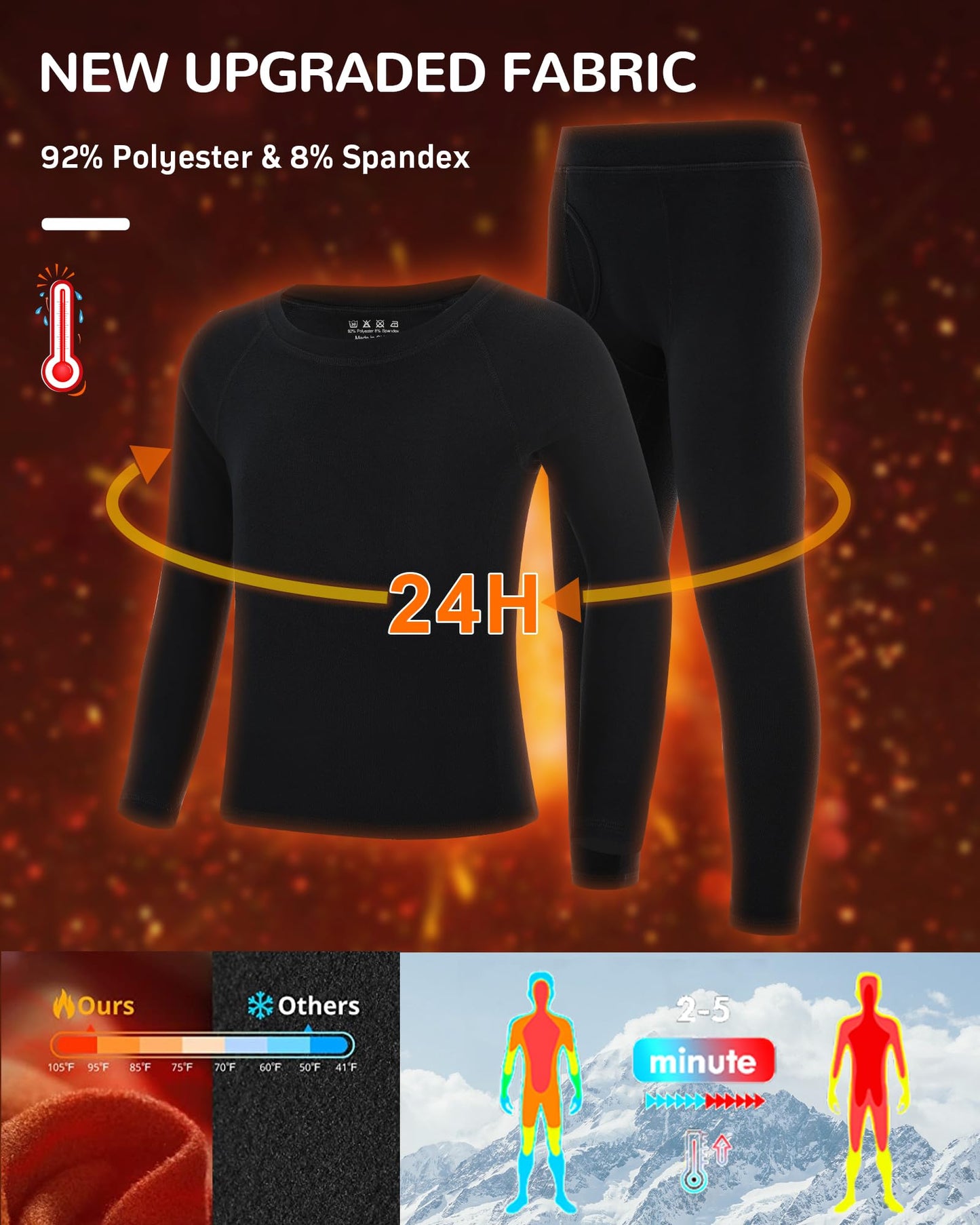 Runhit Youth Kids Thermal Underwear Set Skiing Base Layer Boys Thermal Underwear Set Long Sleeve Shirts Fleece Lined Leggings 2 Pieces Winter Cold Large Black