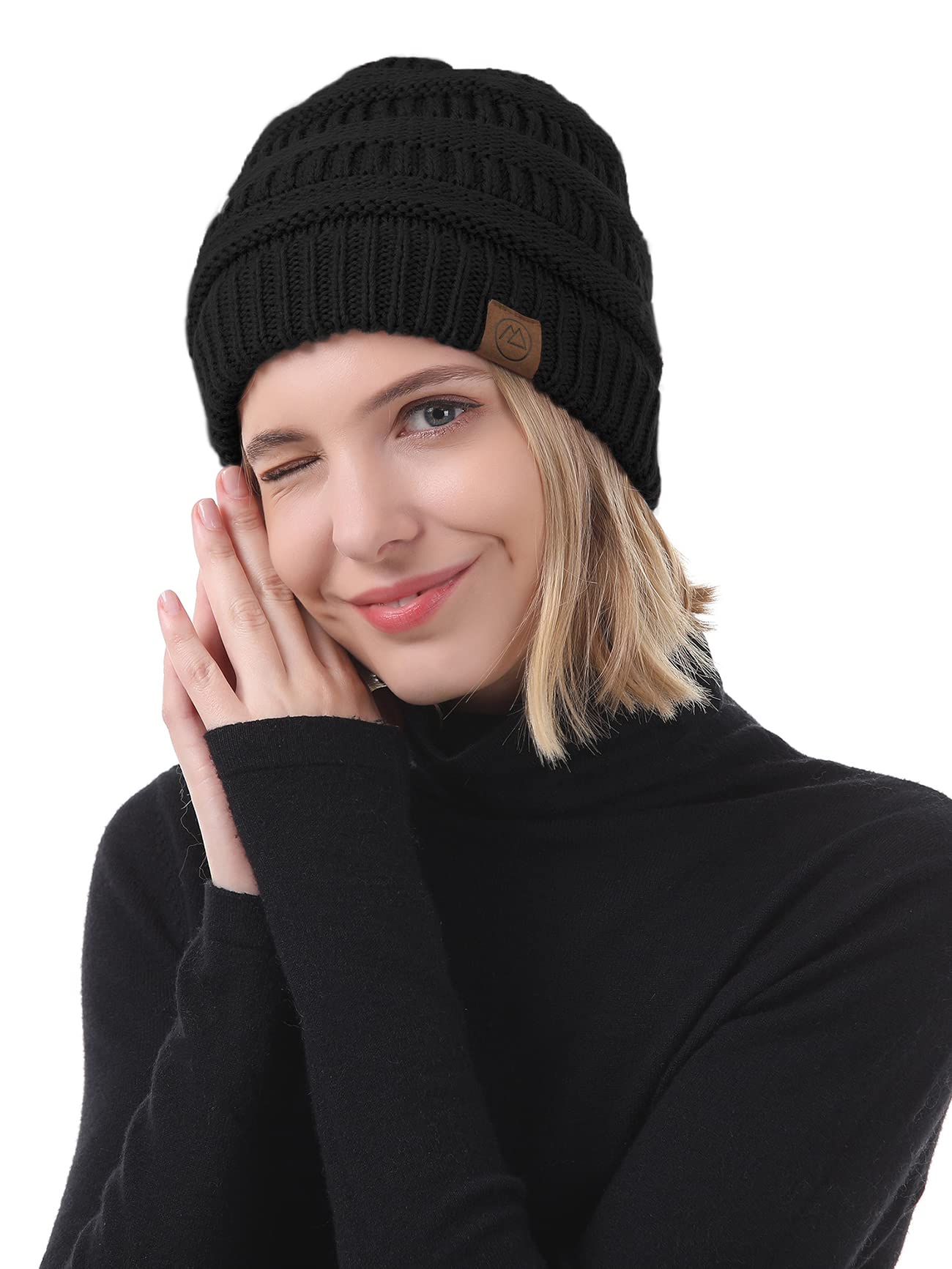 American Trends Winter Hats for Women Satin Lined Beanie Hats Cable Warm Knit Skull Cap Thick Slouchy Beanie Black&Black Mix&Black Grey Mix