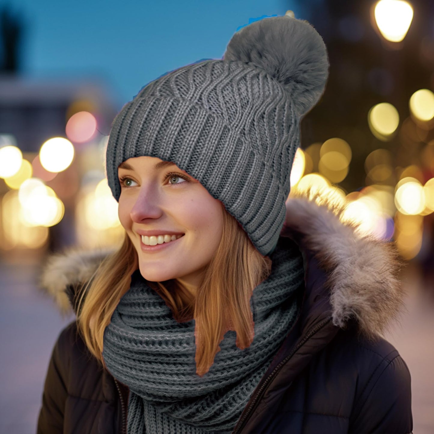 Pibupibu Grey Winter Knit Beanie Hat Scarf Gloves Set for Women, Fleece Lined Chunky Beanie Hats with Pom Pom Neck Warm Scarf Touchscreen Gloves 3 in 1 Set