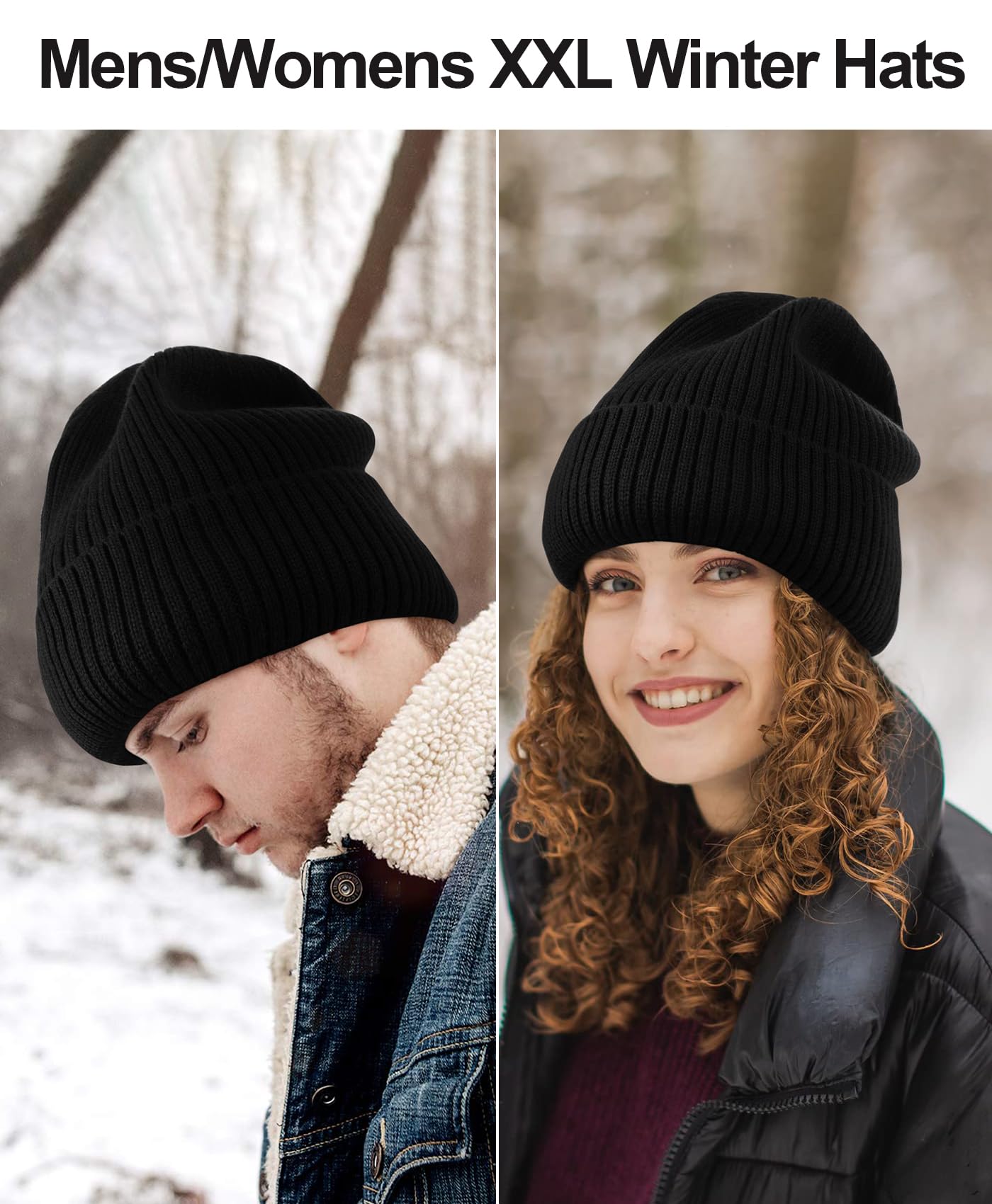 Oversize XL XXL Waterproof Merino Wool Beanie for Men Women Big Head, Warm Fleece Lined Large Winter Hat, Plus Size Big Knit Skull Stocking Cap, Rainproof Windproof Cuffed Beanie for All Weather Black