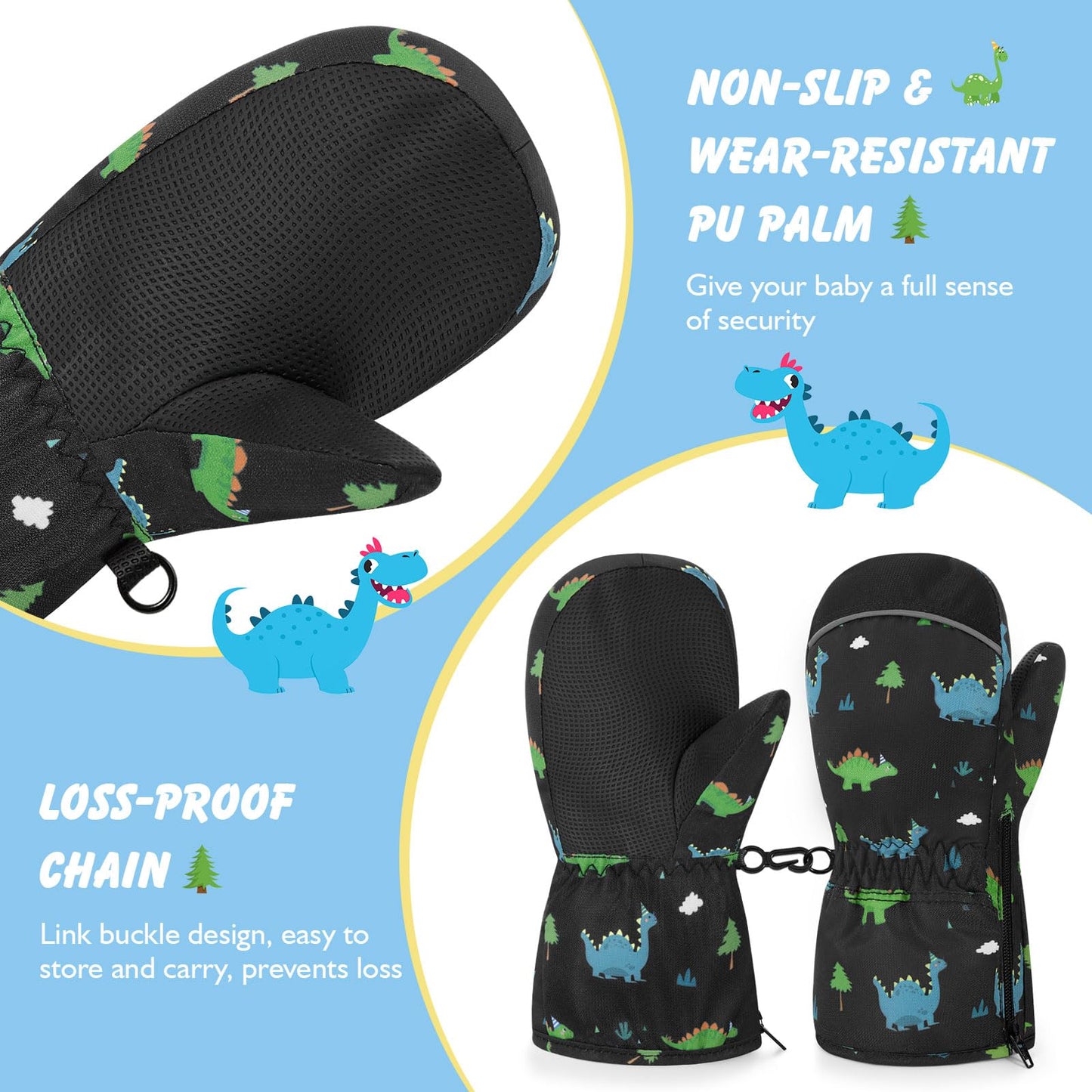 MoKo Toddlers Winter Mittens, Non-Slip Waterproof Snow Gloves Dinosaur with Zipper Warm Velvet Cloth Ski Gloves for Ages 4-5 Todder Baby Girls and Boys Winter Gloves for Skiing Outdoor, S, Black