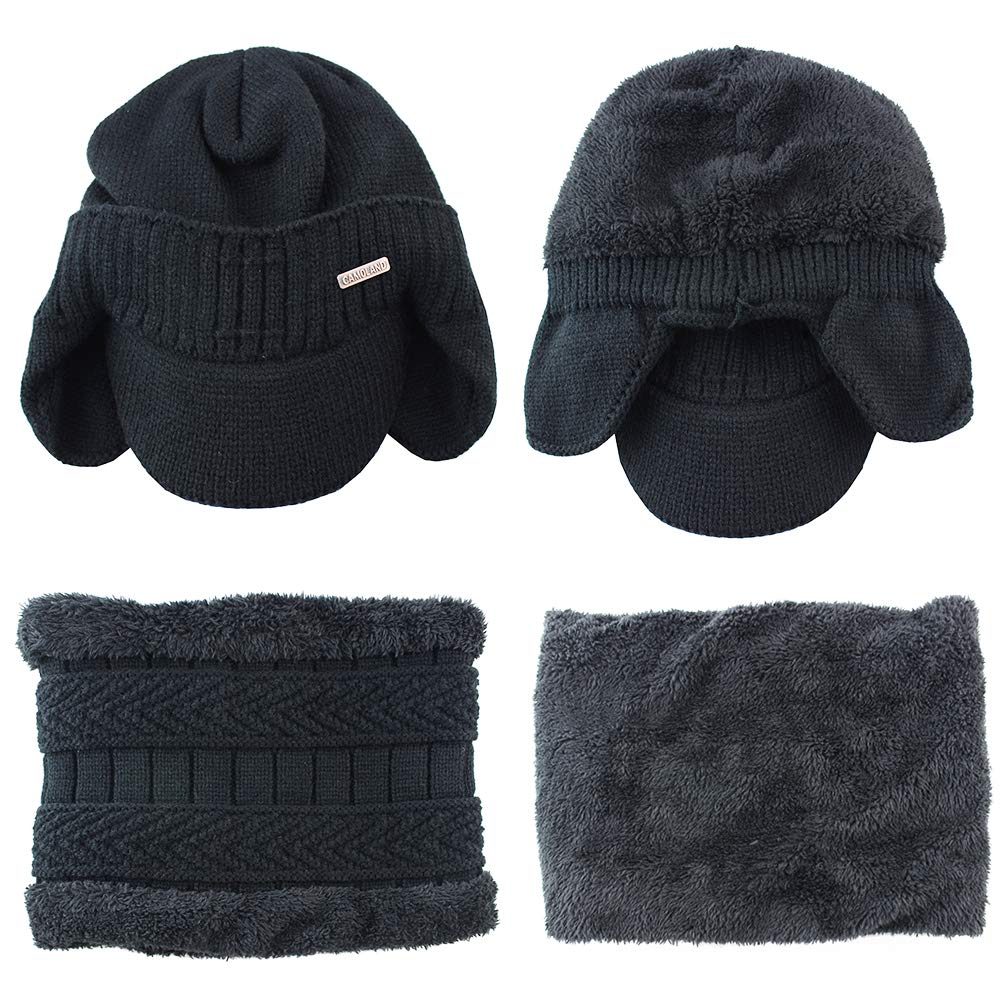 30% Wool Winter Beanie w/Visor & Earflaps for Men Outdoor Fleece Hat Scarf Set