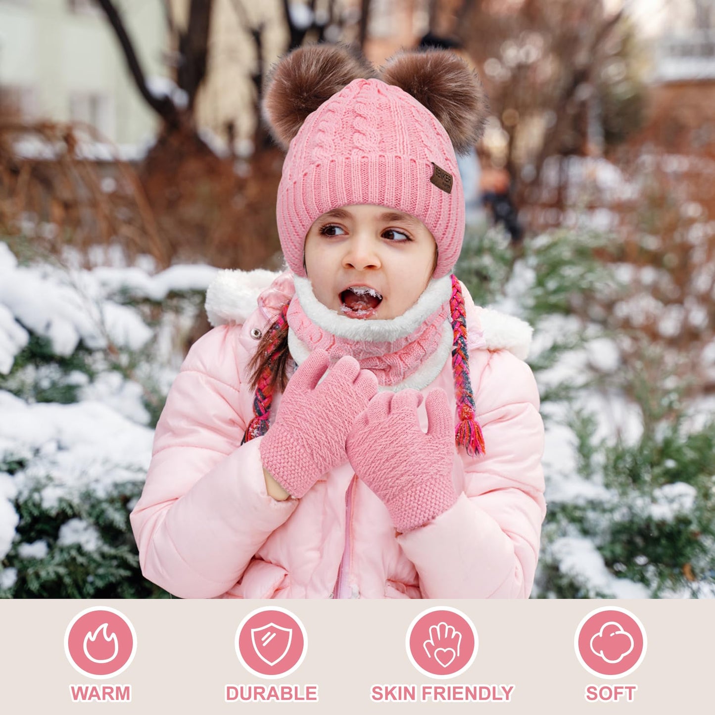 Kids Winter Hat Gloves Scarf Set Toddler Knit Beanie Hat with Pom Pom Neck Warmer Mittens Set for Girls Boys 1-10 Years