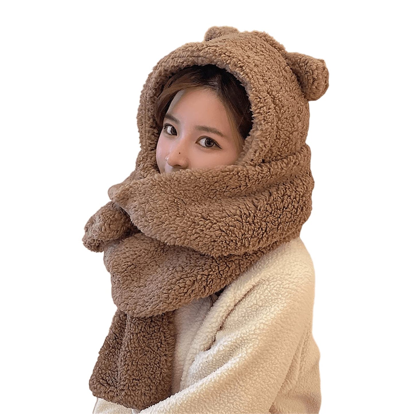 Women Kawaii Bear Ear Beanie Hat Scarf 2 in 1, Cute Winter Warm Sherpa Thicken Fleece Fuzzy Japanese Fluffy Knit Hat (Coffee)