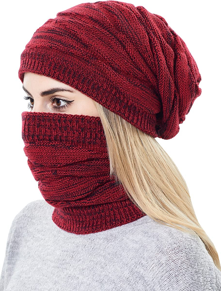 Womens Slouchy Winter Beanie Hats Scarf Set,Warm Fleece Lined Knit Hat Skull Cap with Neck Warmer Ski Hat Beanie for Women
