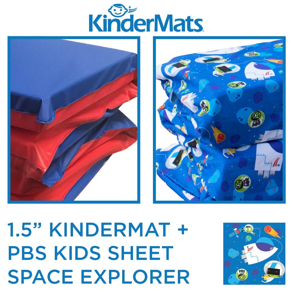 KinderMat 1.5" Thick + PBS Kids Kinderbundle - Washable Cover, Special Edition - Space Explorer - Regular, Sheet is 47" x 22", Value Bundle Great for Daycare & Family Households
