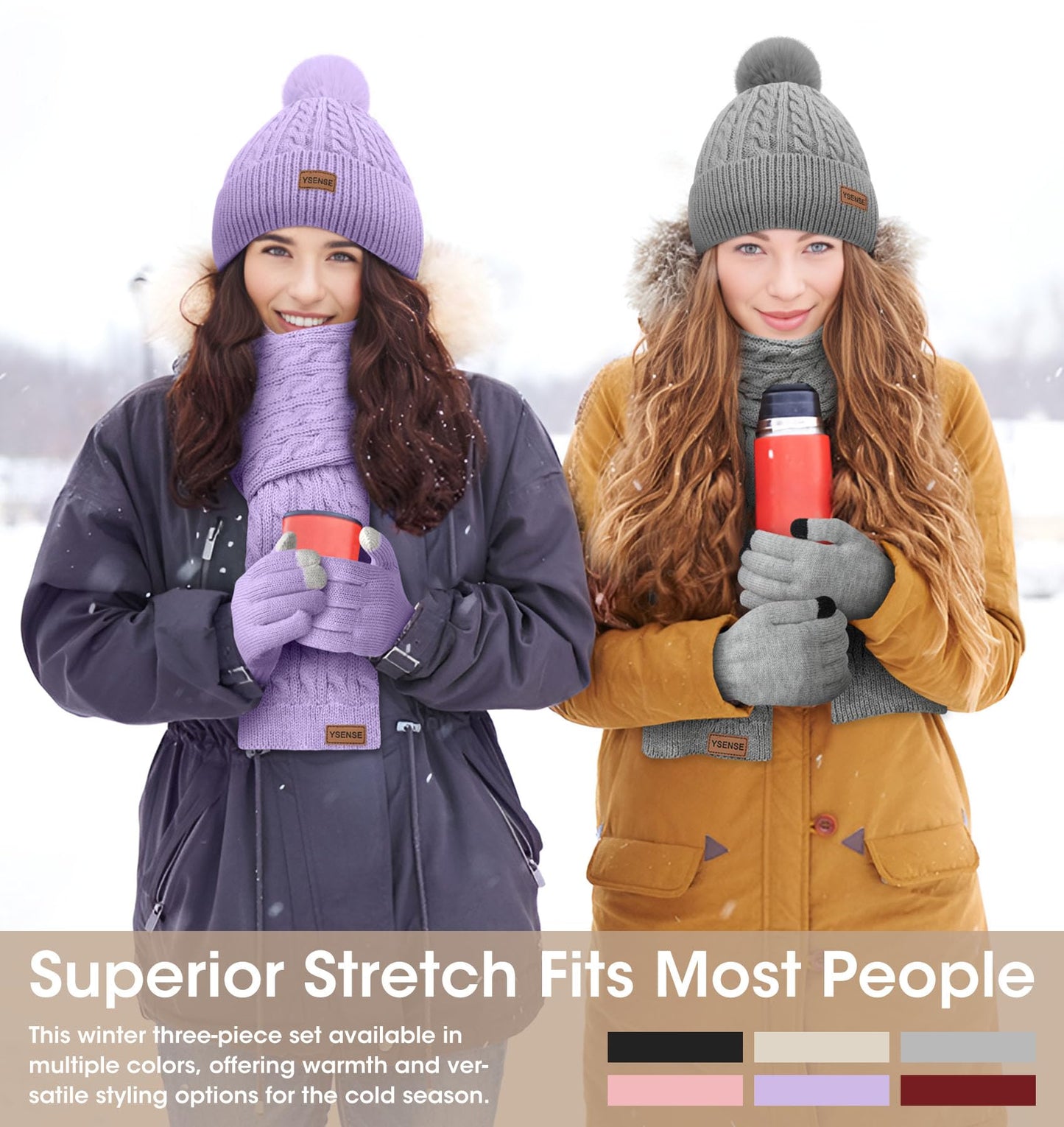 YSense 3 Pieces Womens Winter Beanie Hat Scarf Gloves Set Knitted Hat with Pom Pom Warm Long Scarf Touchscreen Gloves