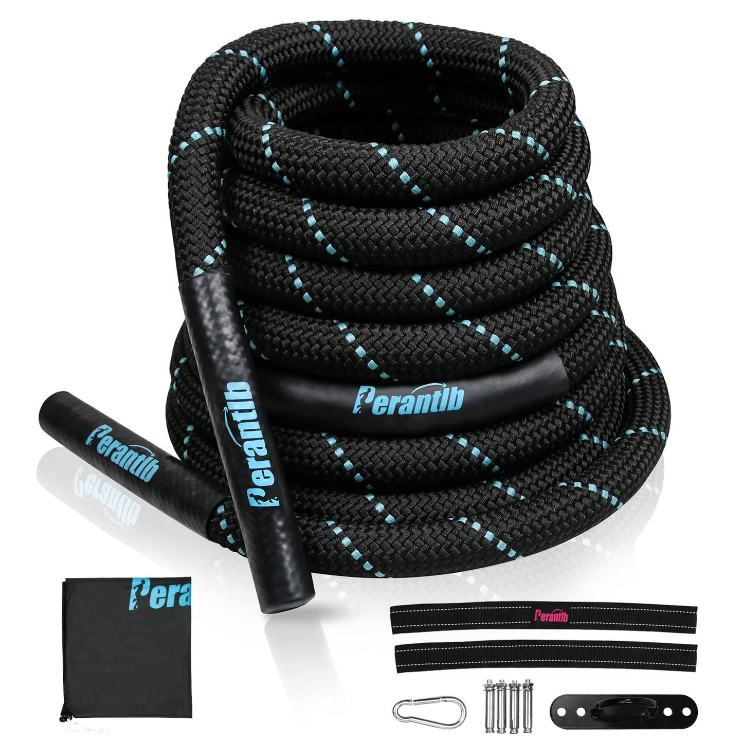 Perantlb 100% Poly Dacron Heavy Battle Rope - 1.5" Diameter, 40ft Lengths - Black Blue Workout Rope - Gym Muscle Toning Metabolic Workout Fitness - Battle Rope Anchor Included (1.5" x 40 ft)