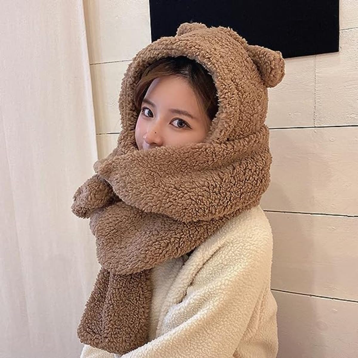 Women Kawaii Bear Ear Beanie Hat Scarf 2 in 1, Cute Winter Warm Sherpa Thicken Fleece Fuzzy Japanese Fluffy Knit Hat (Coffee)