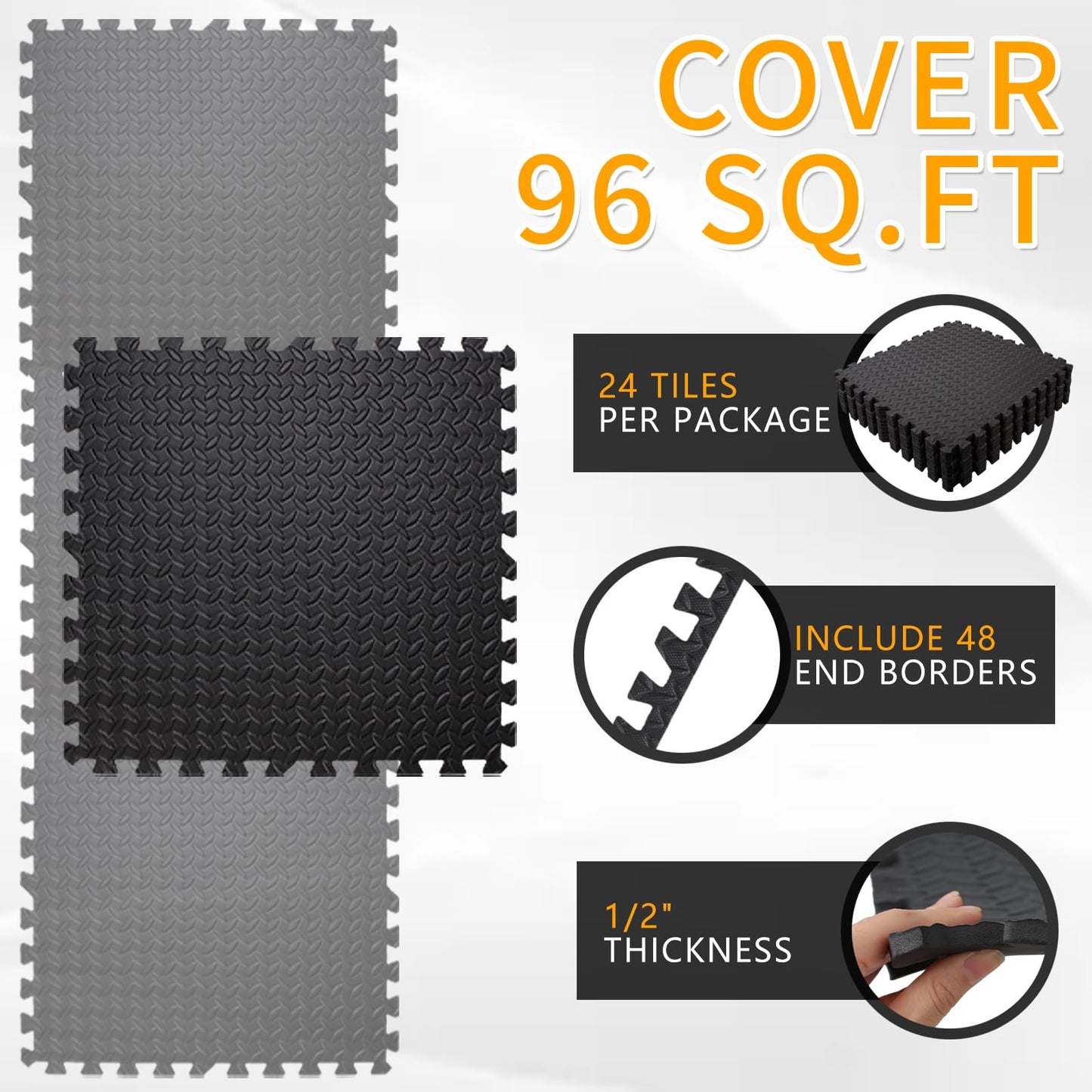 Puzzle Exercise Mat ½ in Thickness, 24 Tiles EVA Interlocking Foam Floor Tiles for Home 24'' x 24'' Protective Flooring Mats for Gym Equipment Covers 96 SQ FT