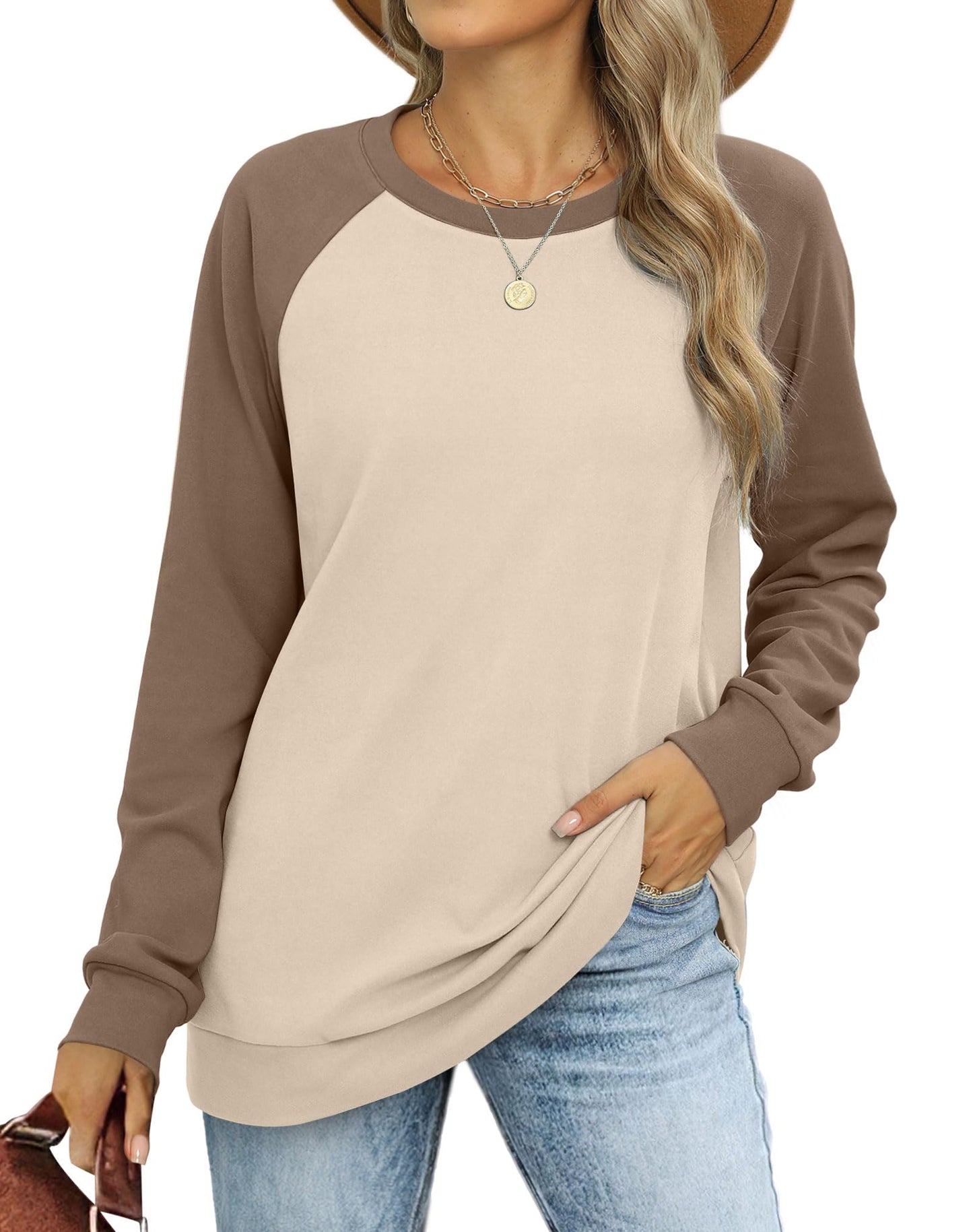 OFEEFAN Long Sleeve Shirts for Women Crewneck Sweatshirts Warm Winter Clothes Soft Khaki L