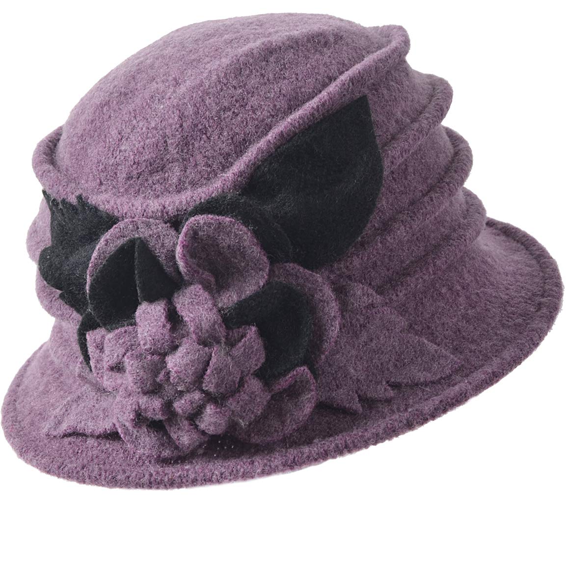 Vintage Women Floral Wool Dress Cloche Winter Hat 1920s (C020-D-Purple)