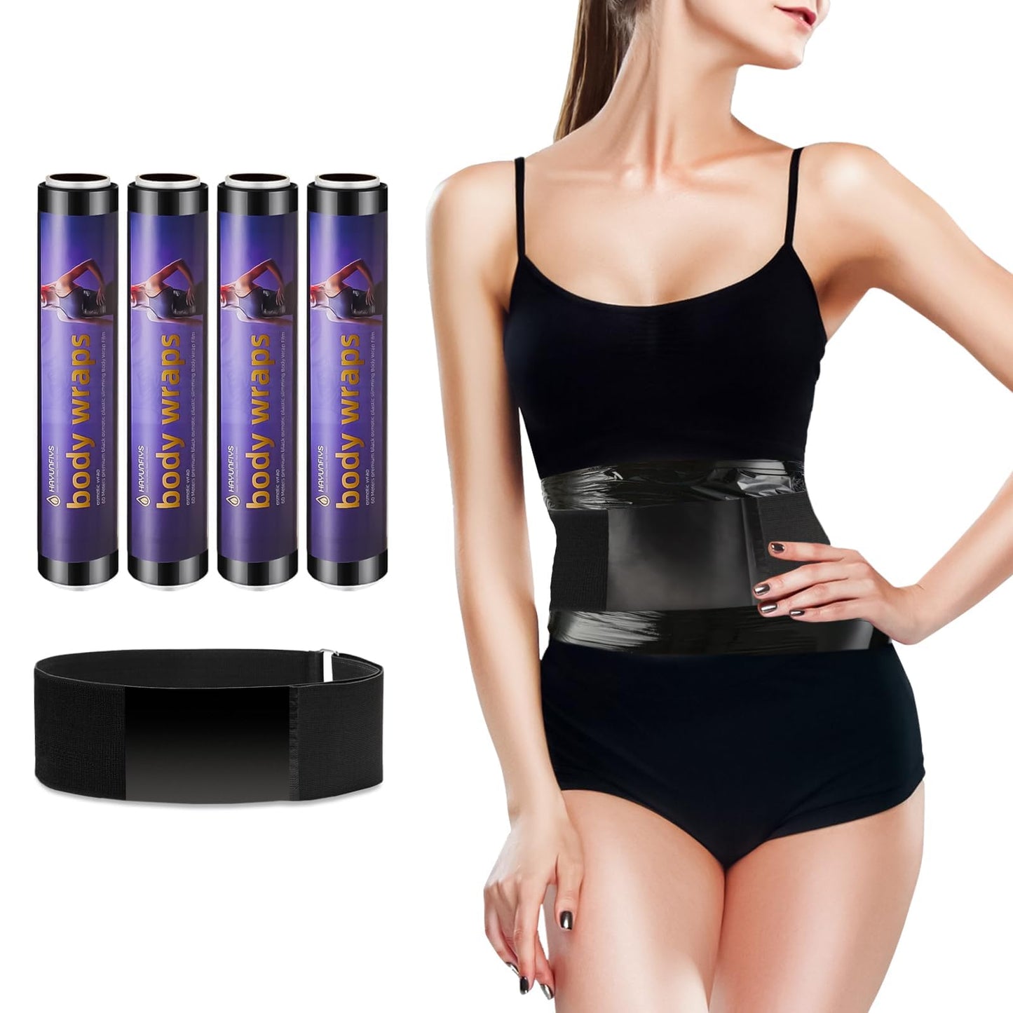 Hayunfiys 4 Rolls 60 Meters Black Osmotic Plastic Body Wrap Exercise & Fitness Sweat Enhancer Anti-Shedding Yoga Training Band Set, DIY Sauna Wrap Pilates Workout & Sweat Resistant Stomach Wrap