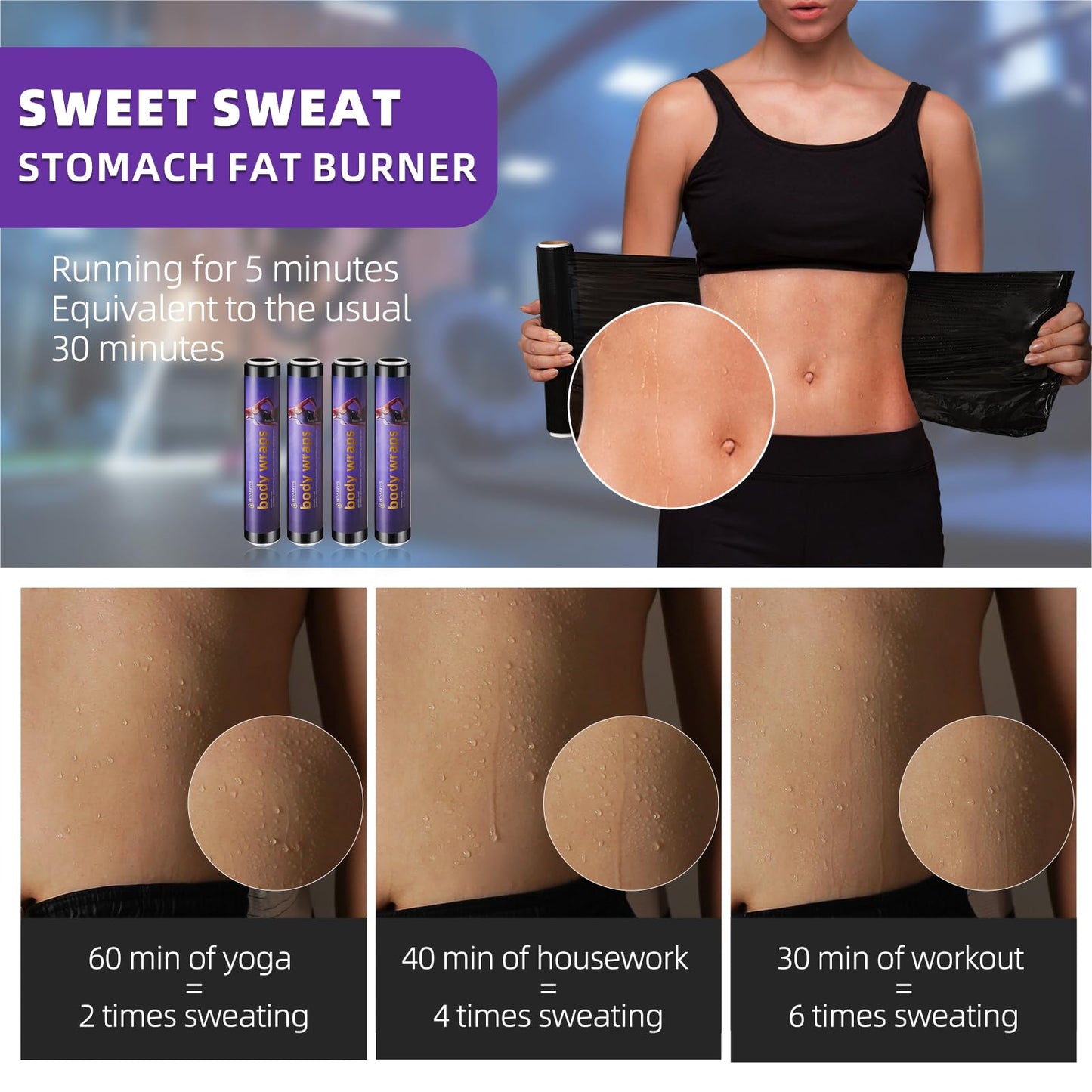 Hayunfiys 4 Rolls 60 Meters Black Osmotic Plastic Body Wrap Exercise & Fitness Sweat Enhancer Anti-Shedding Yoga Training Band Set, DIY Sauna Wrap Pilates Workout & Sweat Resistant Stomach Wrap