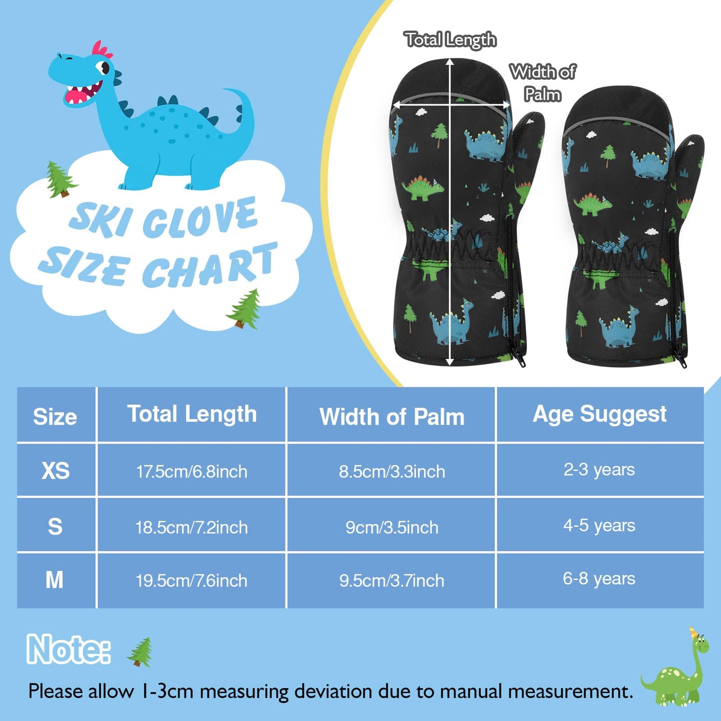 MoKo Toddlers Winter Mittens, Non-Slip Waterproof Snow Gloves Dinosaur with Zipper Warm Velvet Cloth Ski Gloves for Ages 4-5 Todder Baby Girls and Boys Winter Gloves for Skiing Outdoor, S, Black