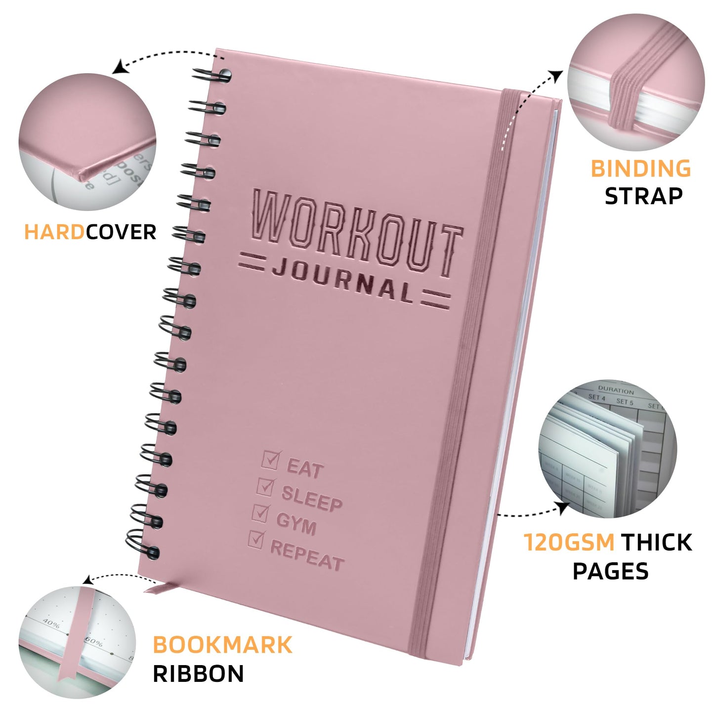 Hardcover Fitness Planner Workout Journal for Men & Women - Undated A5 Sturdy Fitness Log Book to Track Gym & Home Workouts - Pink Separately Packaged 2 Pieces