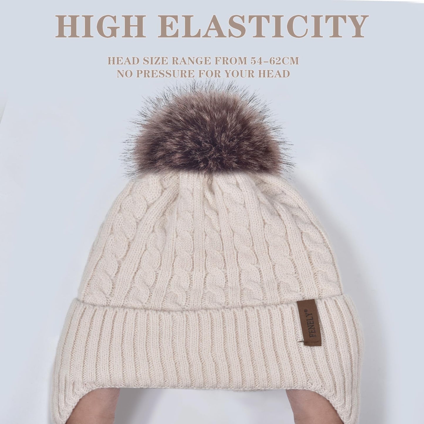 Women Winter Beanie Hat Knit Earflap Hats Warm Thick Fleece Lined Soft Skull Cap with Fashion Cute Faux Fur Pom Outdoor Indoor Beige Cold Weather Snow Ski Running