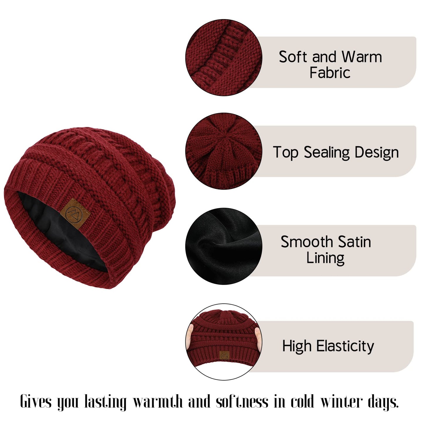 American Trends Winter Hats for Women Satin Lined Beanie Hats Cable Warm Knit Skull Cap Thick Slouchy Beanie Black&Black Mix&Black Grey Mix