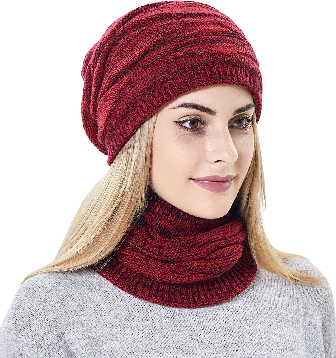 Womens Slouchy Winter Beanie Hats Scarf Set,Warm Fleece Lined Knit Hat Skull Cap with Neck Warmer Ski Hat Beanie for Women