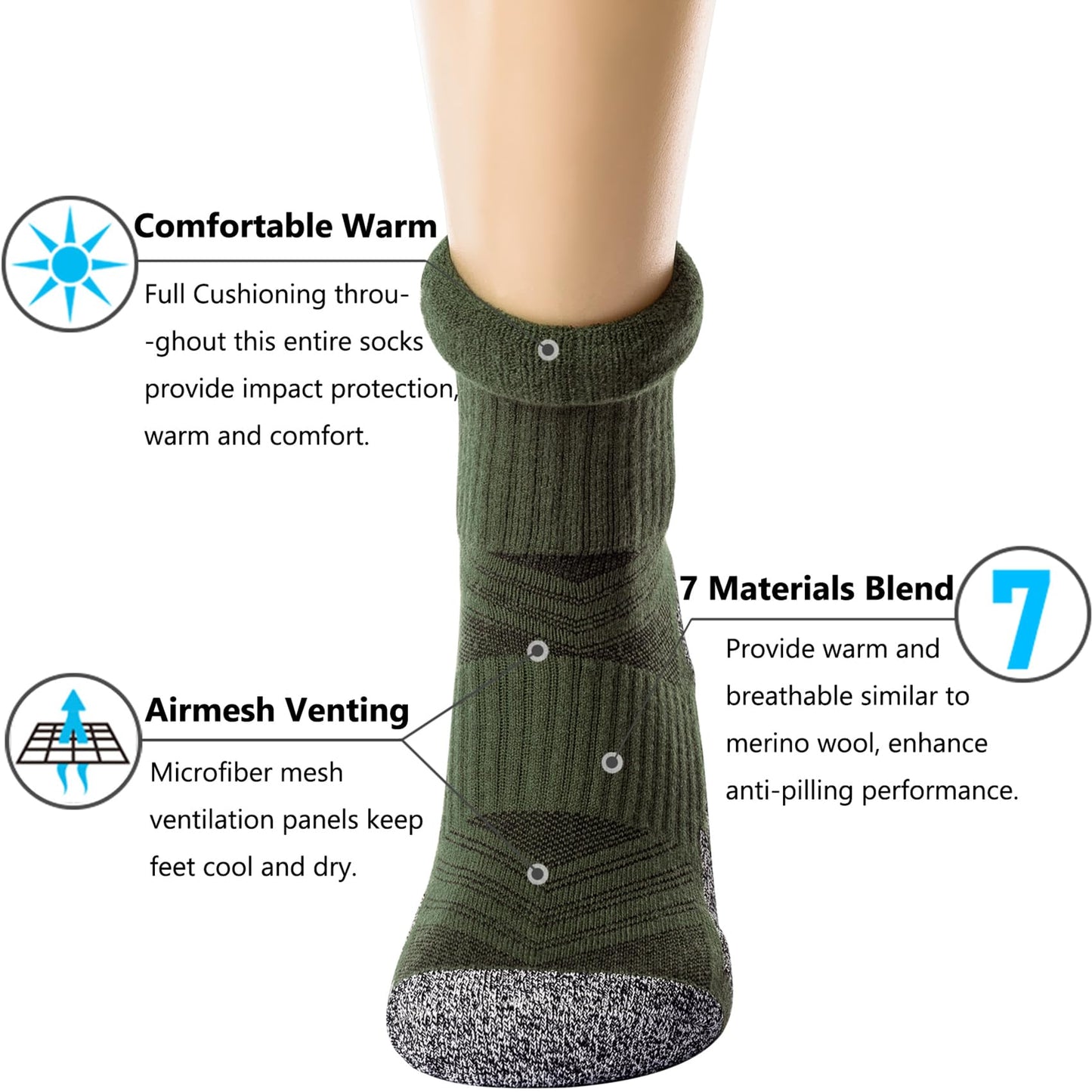 CWVLC Hiking Crew Socks, 4-Pack Men Women Boot Socks for Walking, Hunting, Camping, Winter Outdoor Work, Cosy Cushion, Moisture Wicking, Arch Compression, Anti Blister, Large, Green Brown