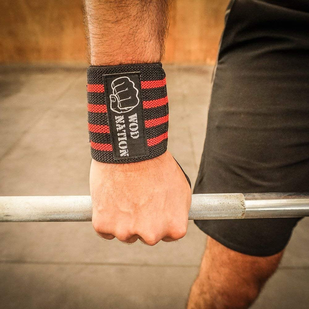 WOD Nation Wrist Wraps for Weightlifting, 12” Professional Gym Wrist Straps w/Thumb Loop Men & Women, Wrist Support Wraps for Strength Training, Powerlifting & Bodybuilding (Black/Red)