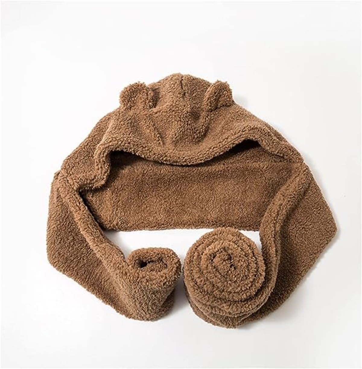 Women Kawaii Bear Ear Beanie Hat Scarf 2 in 1, Cute Winter Warm Sherpa Thicken Fleece Fuzzy Japanese Fluffy Knit Hat (Coffee)