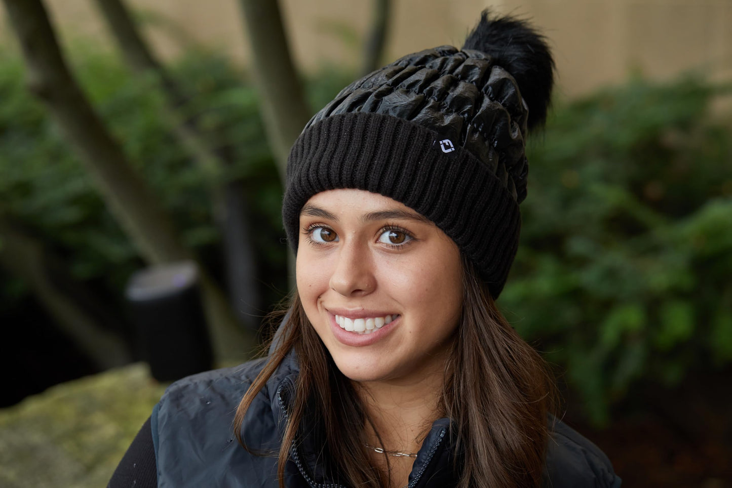 Funky Junque Faux Fur Pom-Pom Beanie, Sparkly Beanie for Women Premium Blend of Polyester and Acrylic, Puffer-Like Baffling, Knit Cuff, Winter Hat with Real Fur Mom Pom Sparkly Beanie Hat (Black)