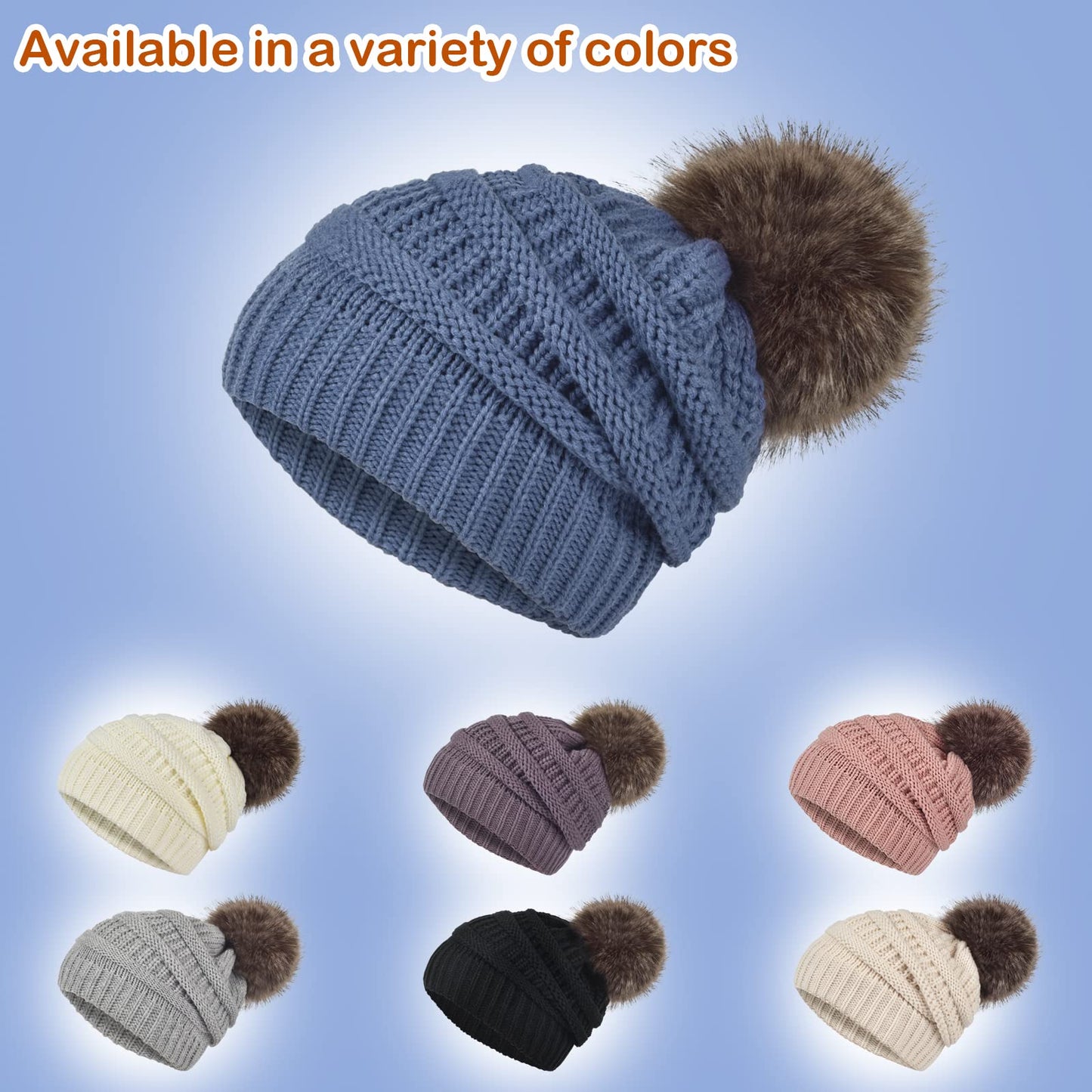 Slouchy Beanie Hat Gloves Set Women Winter Knit Knitted Warm Fleece Lined Cap Cute Fur Pom Ball Faux Pompom Soft Chunky Thick Cable Fluffy Wool Ladies Blue Slouch Hats Cold Weather Snow Accessories