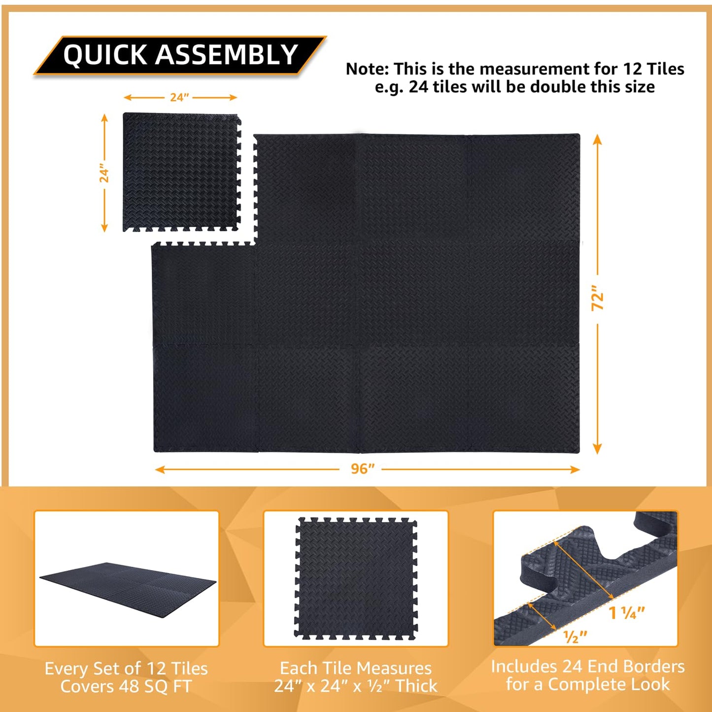 24 Pack, 96 SQFT 1/2" Extra Thick Floor Exercise Mat for Home Gym or Floor Padding for Kids - High-Density EVA Interlocking Foam Floor Tiles for Gym Equipment, Play Area - Yoga, Cardio, Weights, MMA