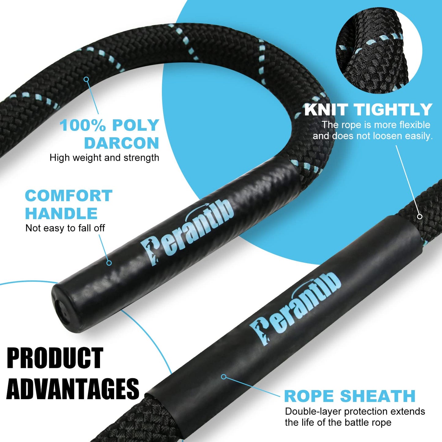 Perantlb 100% Poly Dacron Heavy Battle Rope - 1.5" Diameter, 40ft Lengths - Black Blue Workout Rope - Gym Muscle Toning Metabolic Workout Fitness - Battle Rope Anchor Included (1.5" x 40 ft)