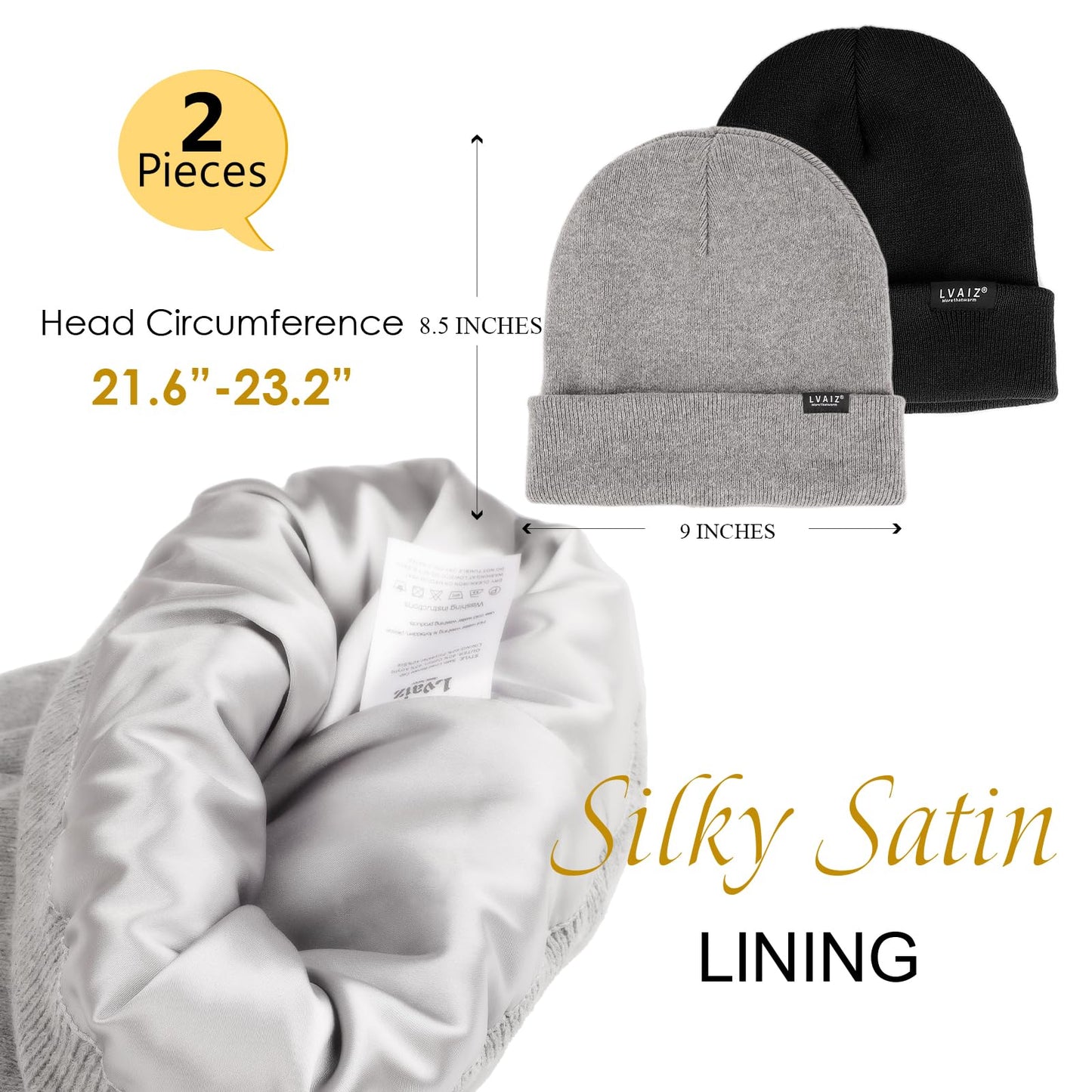 2 Pack Satin Lined Beanie Hats for Men Women Winter Warm Knitted Cuffed Silk Lined Slouchy Skull Cap