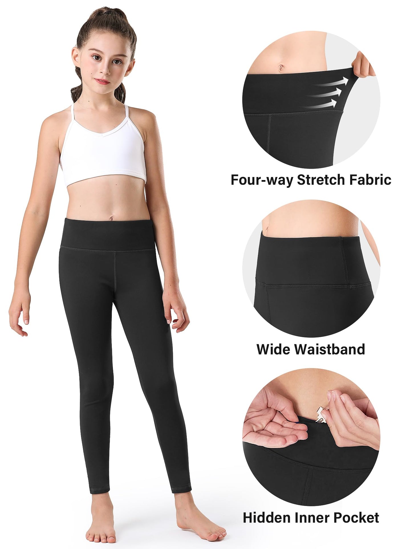 Stelle Girl's Fleece Lined Leggings Youth High Waist Warm Winter Athletic Yoga Pants with Hidden Pocket (Black,M)