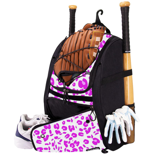 Baseball Bag, Bat Backpack for Baseball Softball Equipment Gear Bat Glove Holder Capacity for Helmet Accessories, Separate Shoes Compartment, Fence Hook Gift for Adults Men Women Pink Leopard