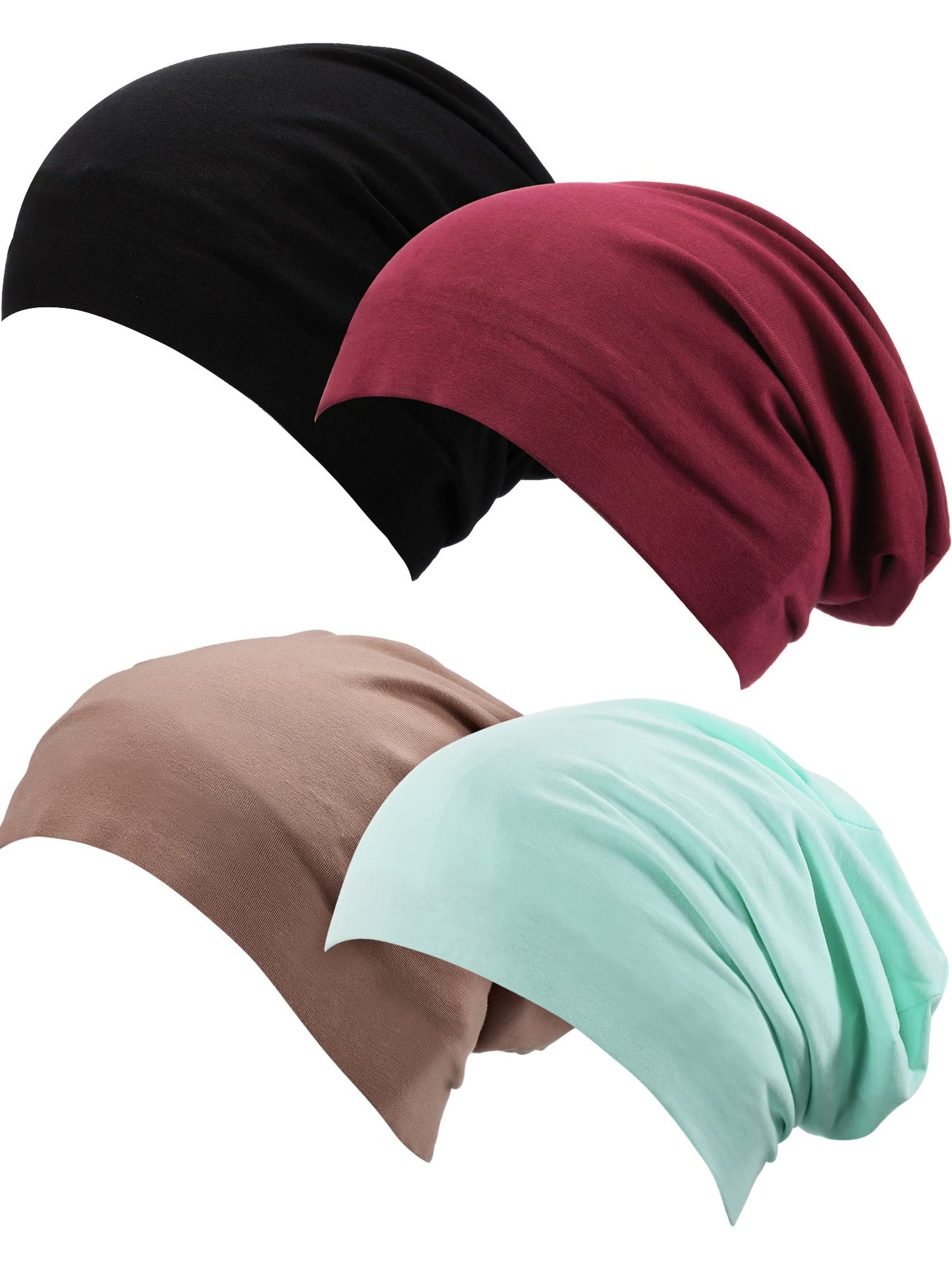 SATINIOR 4 Pieces Satin Lined Sleep Cap Slouchy Beanie Slap Hat for Women (Black, Wine Red, Khaki, Green)