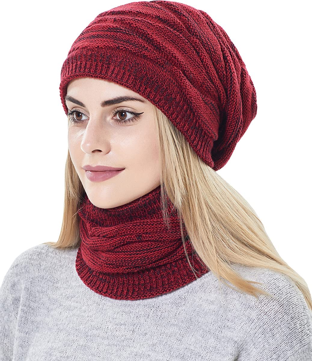 Womens Slouchy Winter Beanie Hats Scarf Set,Warm Fleece Lined Knit Hat Skull Cap with Neck Warmer Ski Hat Beanie for Women