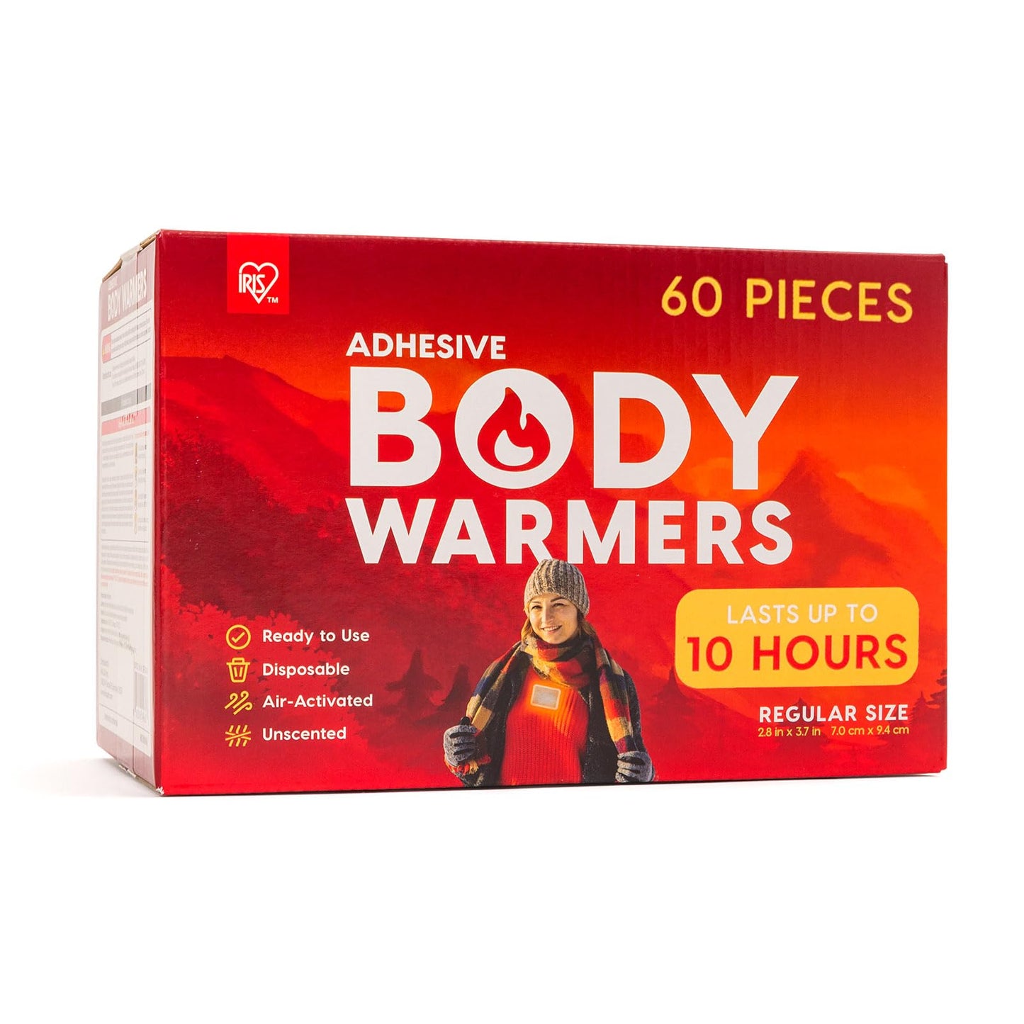 IRIS USA Adhesive Body Warmers, 60 Individual Warmers, Long-Lasting Up to 10 Hours Regular-Sized Disposable Handwarmers for Hands Feet Chest Back Arms and Legs, TSA-Approved, Winter Essentials