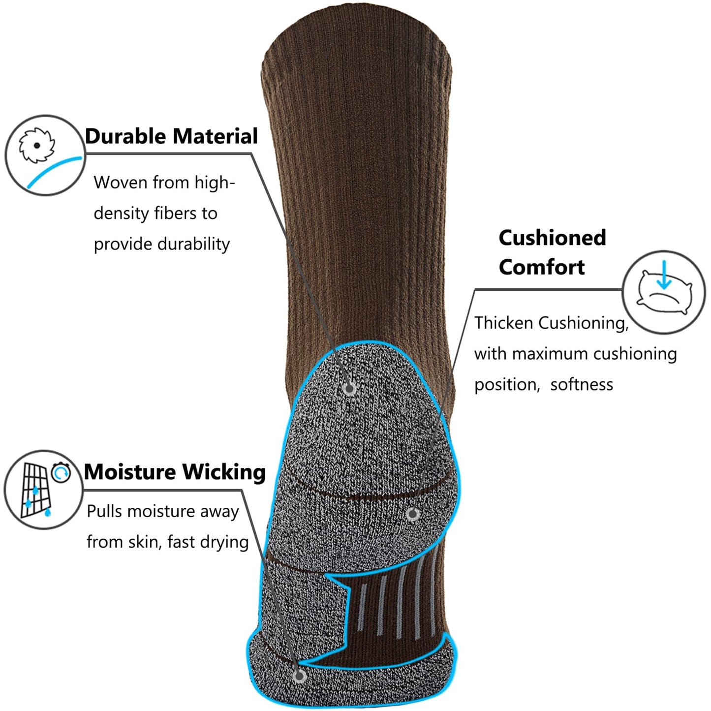 CWVLC Hiking Crew Socks, 4-Pack Men Women Boot Socks for Walking, Hunting, Camping, Winter Outdoor Work, Cosy Cushion, Moisture Wicking, Arch Compression, Anti Blister, Large, Green Brown