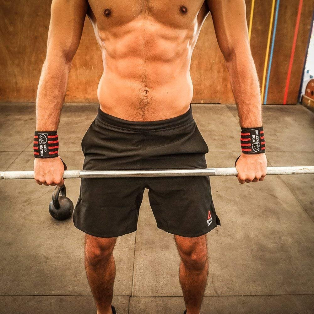 WOD Nation Wrist Wraps for Weightlifting, 12” Professional Gym Wrist Straps w/Thumb Loop Men & Women, Wrist Support Wraps for Strength Training, Powerlifting & Bodybuilding (Black/Red)