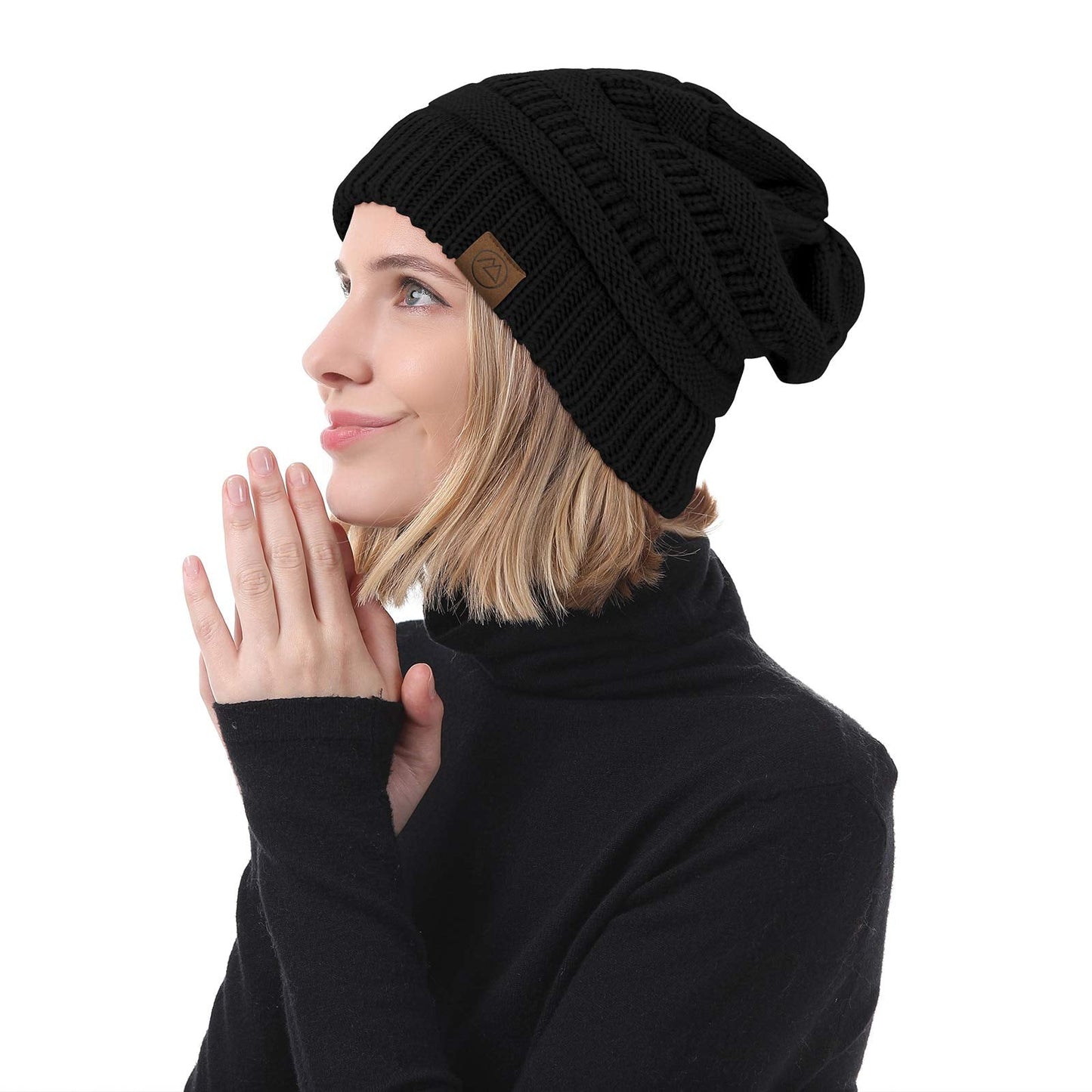 American Trends Winter Hats for Women Satin Lined Beanie Hats Cable Warm Knit Skull Cap Thick Slouchy Beanie Black&Black Mix&Black Grey Mix