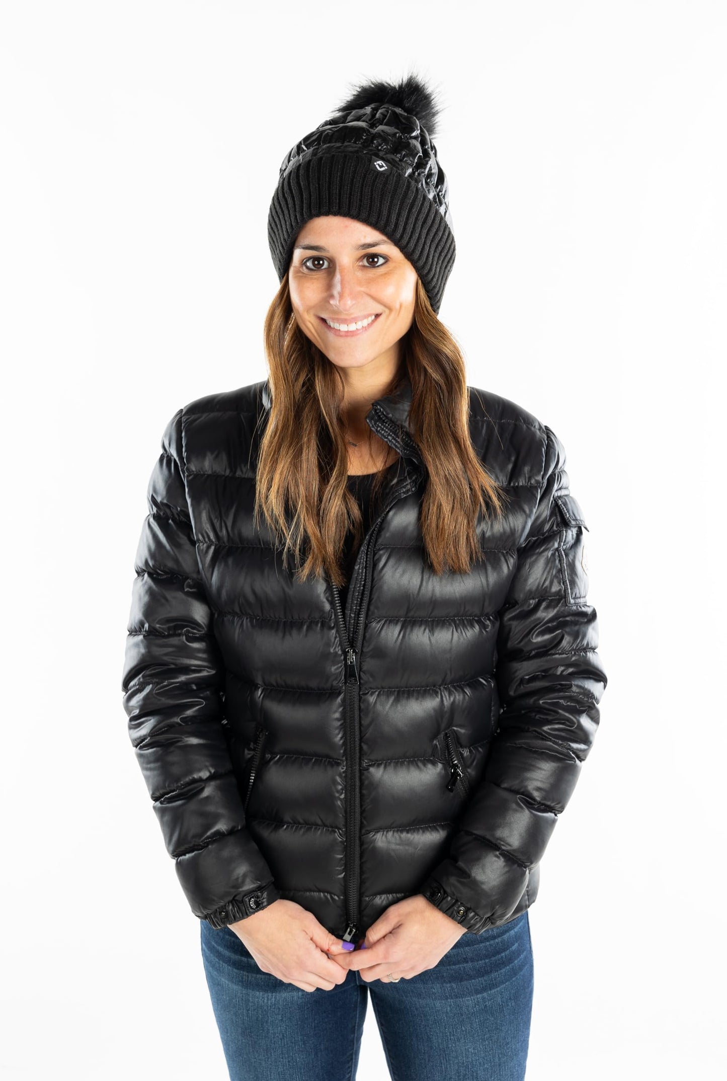 Funky Junque Faux Fur Pom-Pom Beanie, Sparkly Beanie for Women Premium Blend of Polyester and Acrylic, Puffer-Like Baffling, Knit Cuff, Winter Hat with Real Fur Mom Pom Sparkly Beanie Hat (Black)