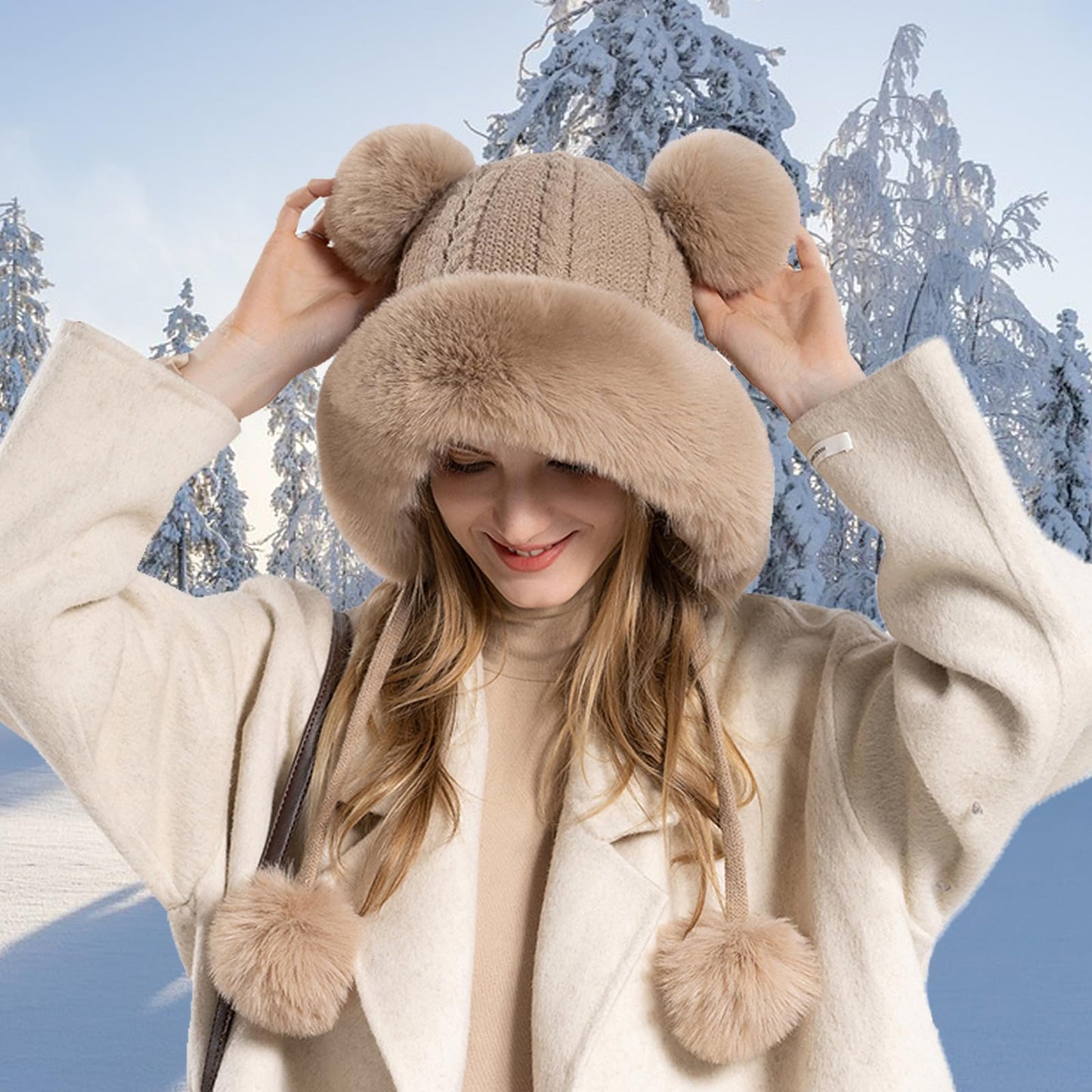 KAZZHA Winter Knitted Beanie with Pompom for Women Fluffy Fur Hat Fuzzy Skull Cap Warm Ear Flaps Ski Snow Hat Cute