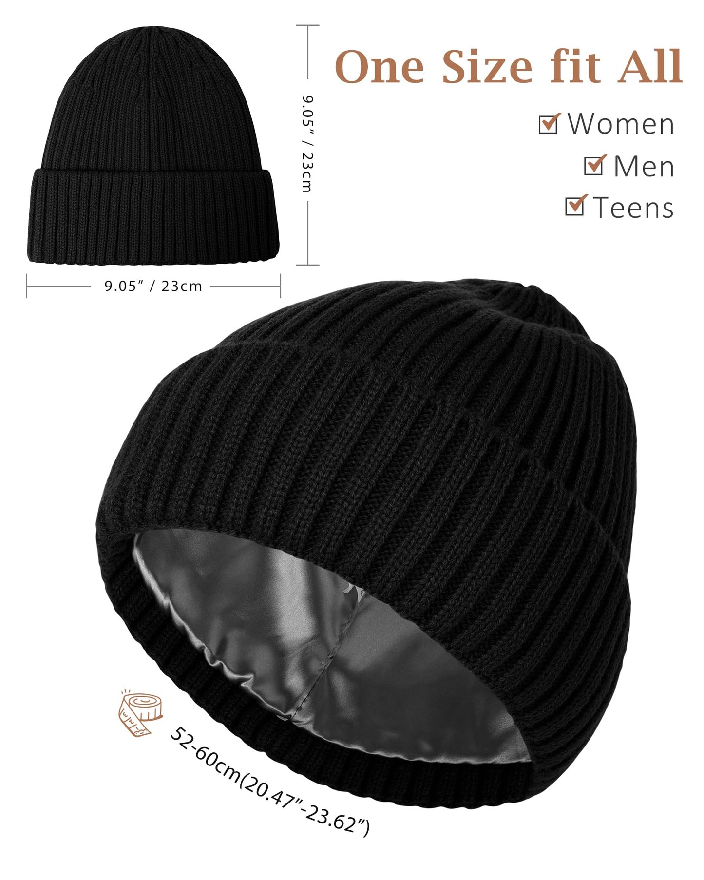 LiuSuper Satin Lined Beanie for Women Men, Winter Hats for Women, Slouchy Silk Lined Beanie, Warm Unisex Cuffed Beanie Rose
