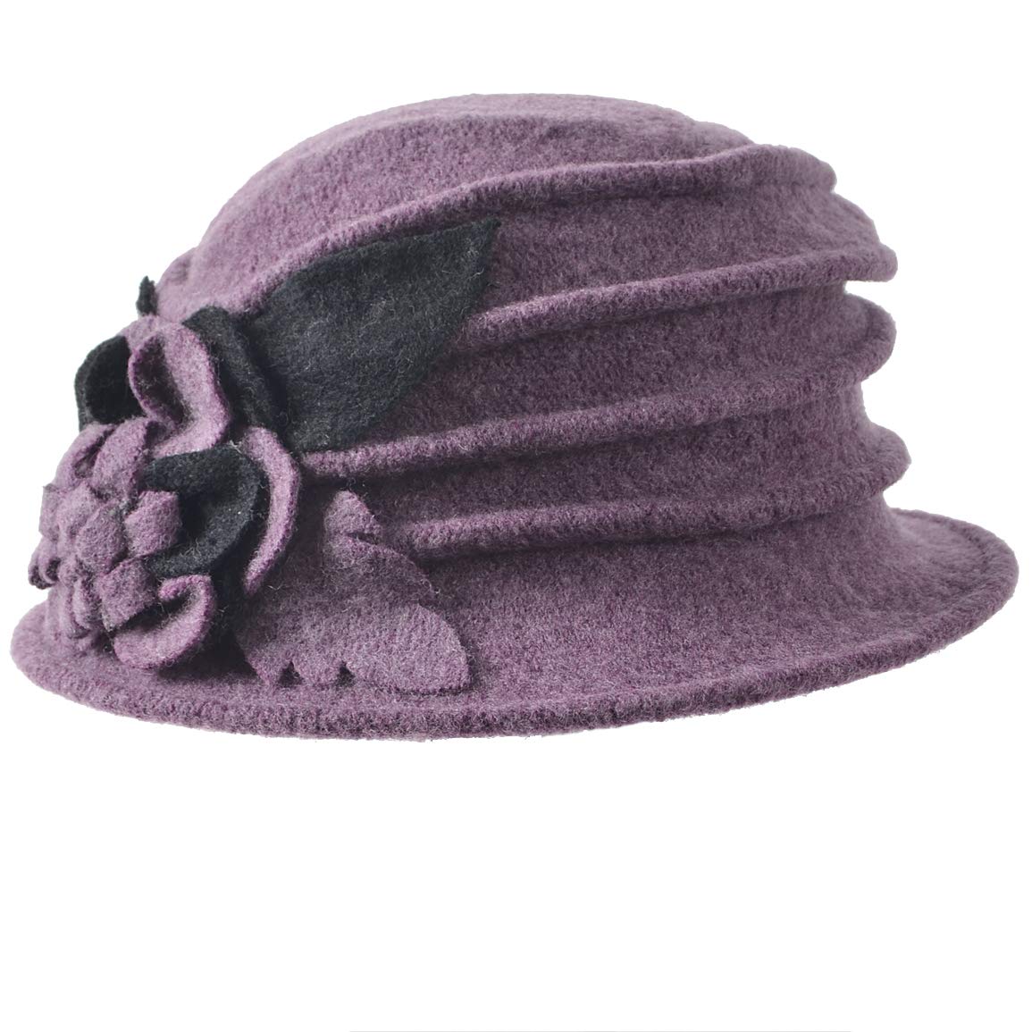 Vintage Women Floral Wool Dress Cloche Winter Hat 1920s (C020-D-Purple)