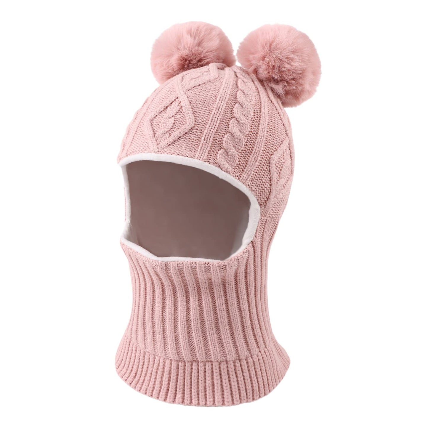 Winter Baby Knitted Hat Scarf Kids Boys Girls Hood Hats Toddler Earflap Beanie with Pompom(Skin Pink Pompom,S)